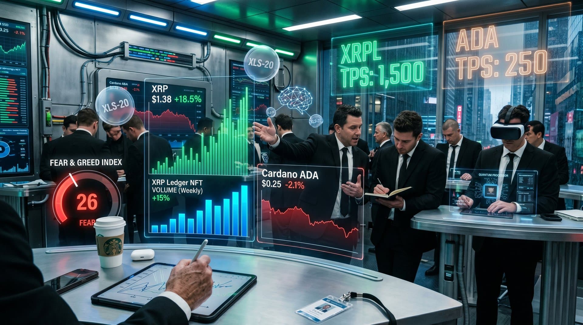 Holographic XRP and Cardano NFT charts with Fear & Greed at 26 on futuristic trading desk overlooking skyline