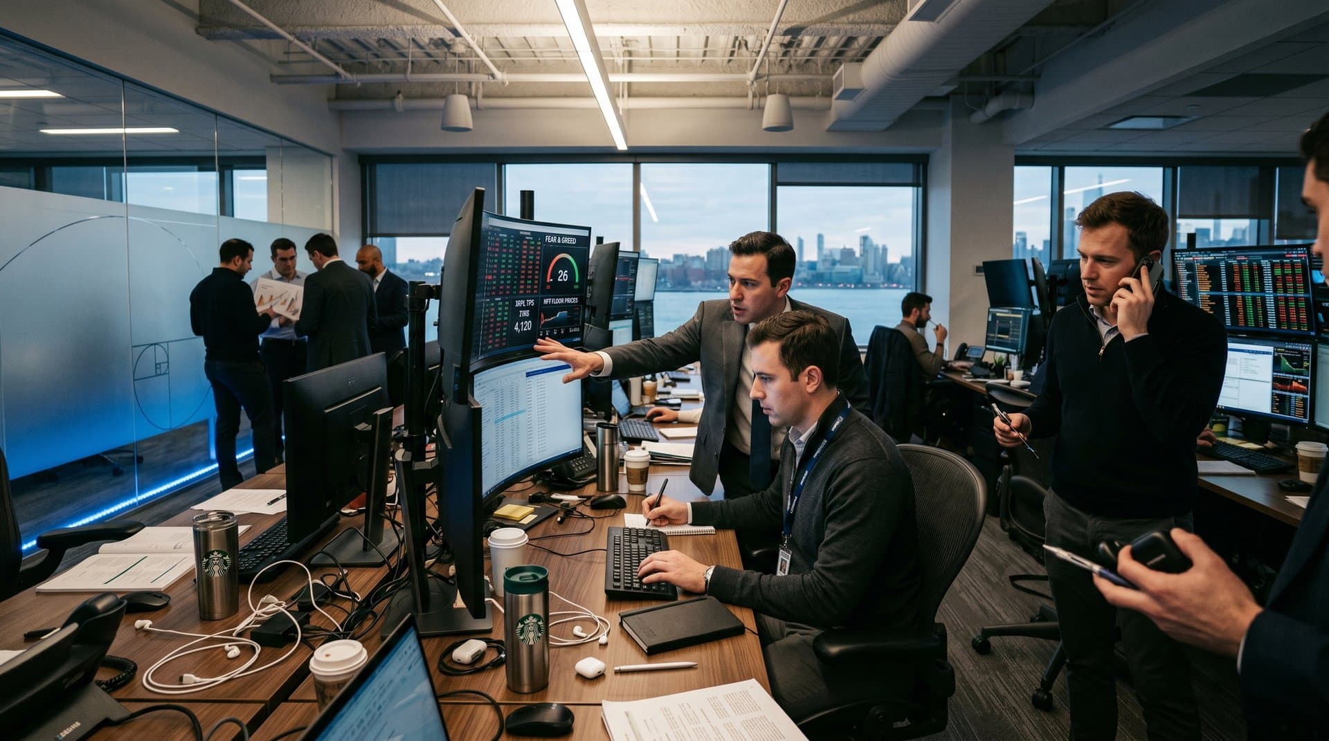 Trading desks with Bloomberg terminals showing XRP charts, Cardano metrics, NFT data, and Fear & Greed Index under LED lights