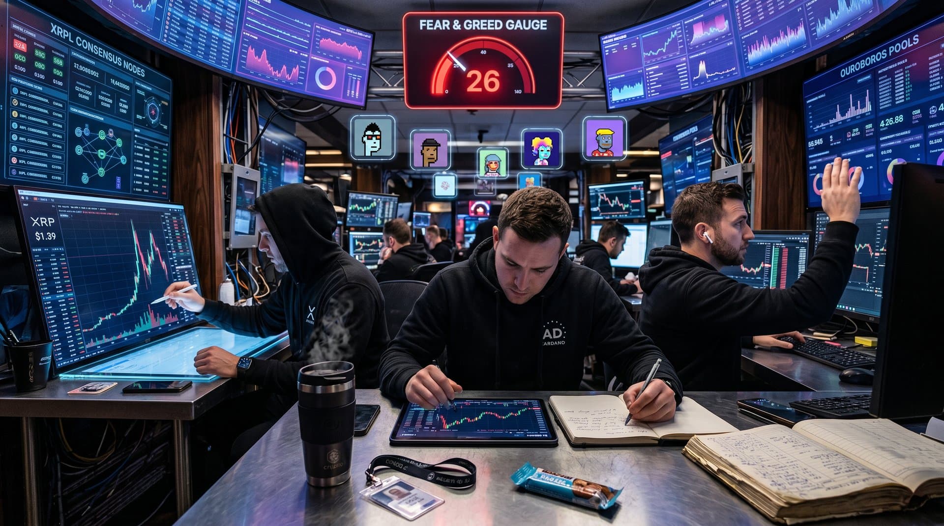 Cyberpunk dashboard with XRP, Cardano NFT charts, Fear & Greed 26, and security visuals