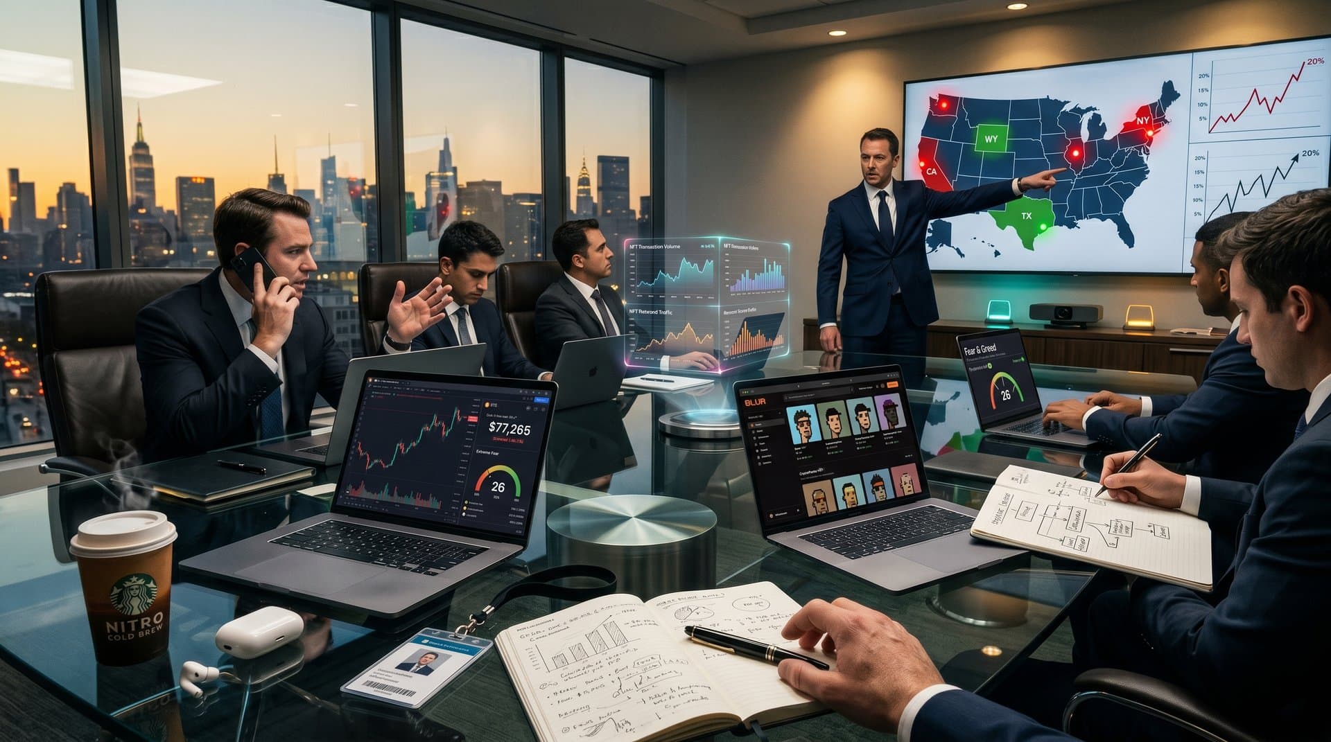 Crypto kiosk regulation maps and BTC charts on boardroom table with skyline view