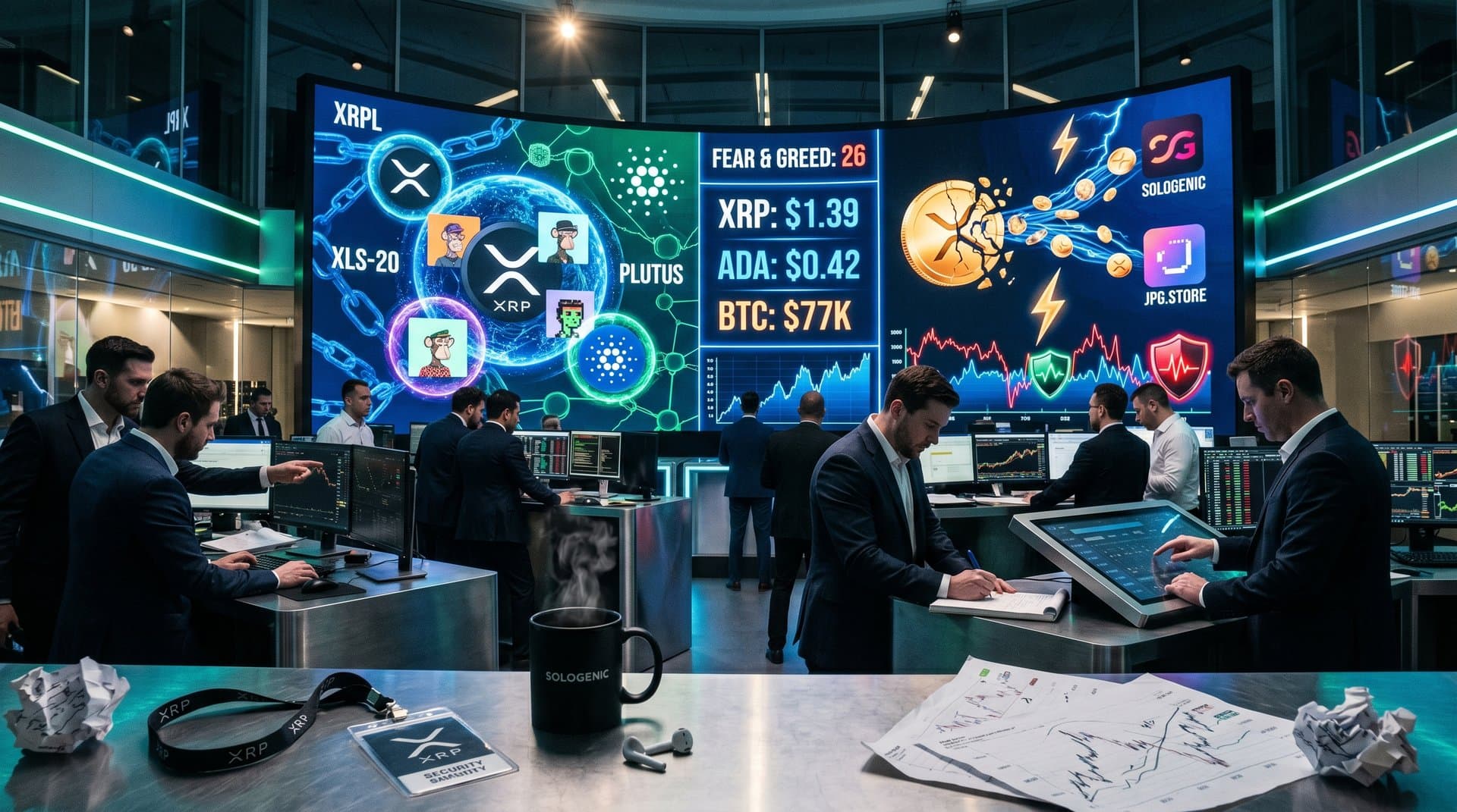 Holographic XRP and Cardano NFTs in secure digital vault with Fear & Greed gauge and blockchain shields
