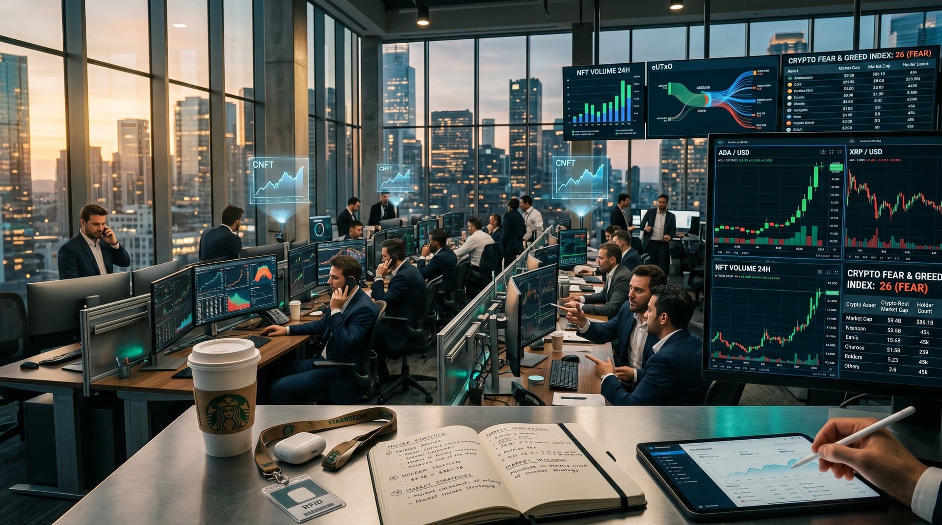 Traders analyze ADA CNFT charts vs XRP on modern crypto trading floor with multi-monitors and skyline view