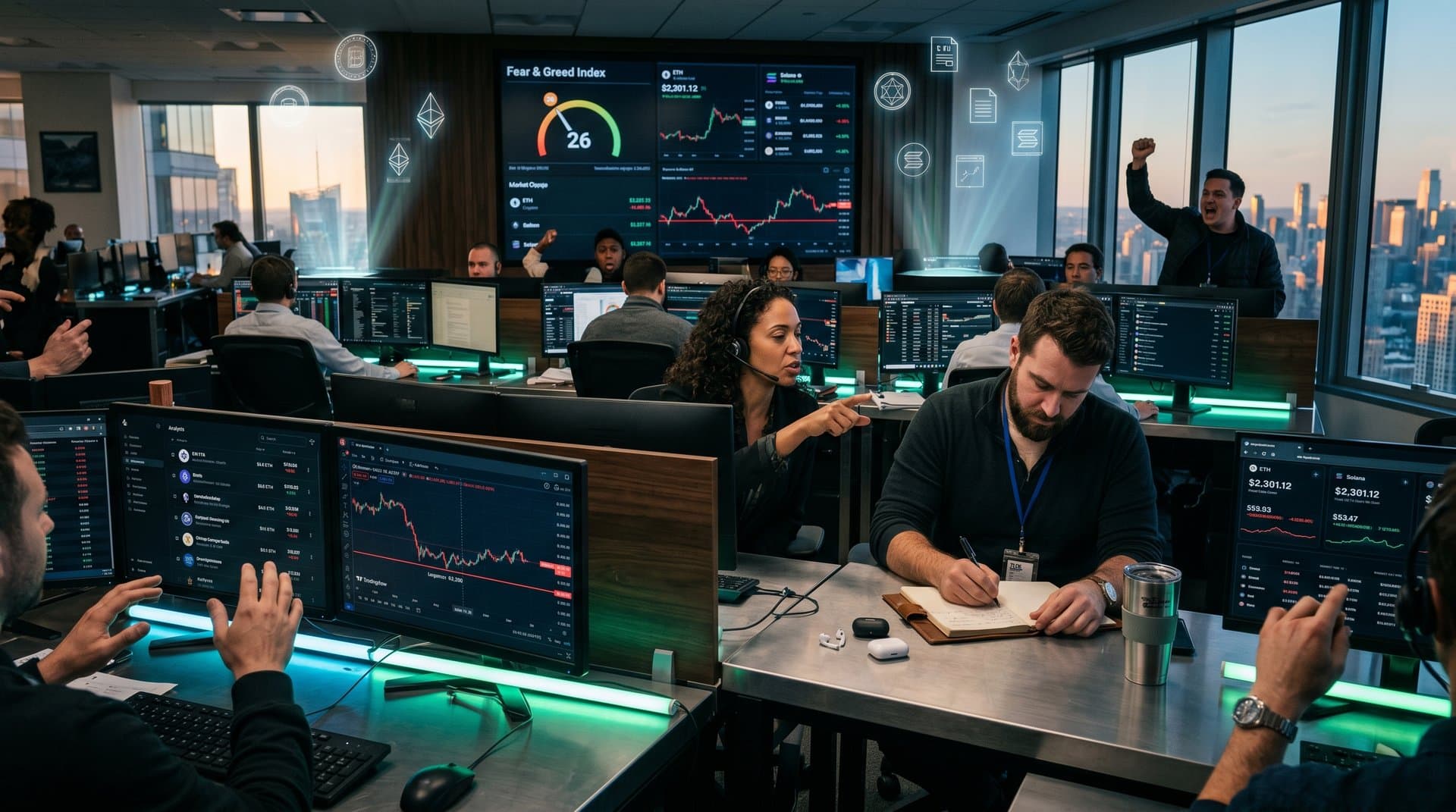 Traders monitor Ethereum price charts and NFT floors on multi-screen setups in modern trading floor with skyline view