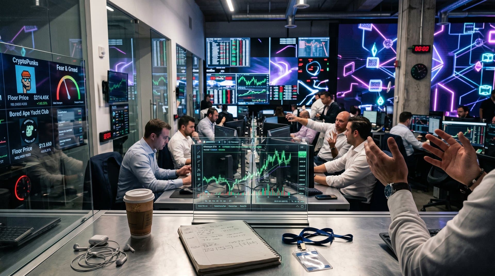 Holographic dashboard showing Ethereum at $2,293, NFT floors, and Fear & Greed at 26 amid blockchain networks