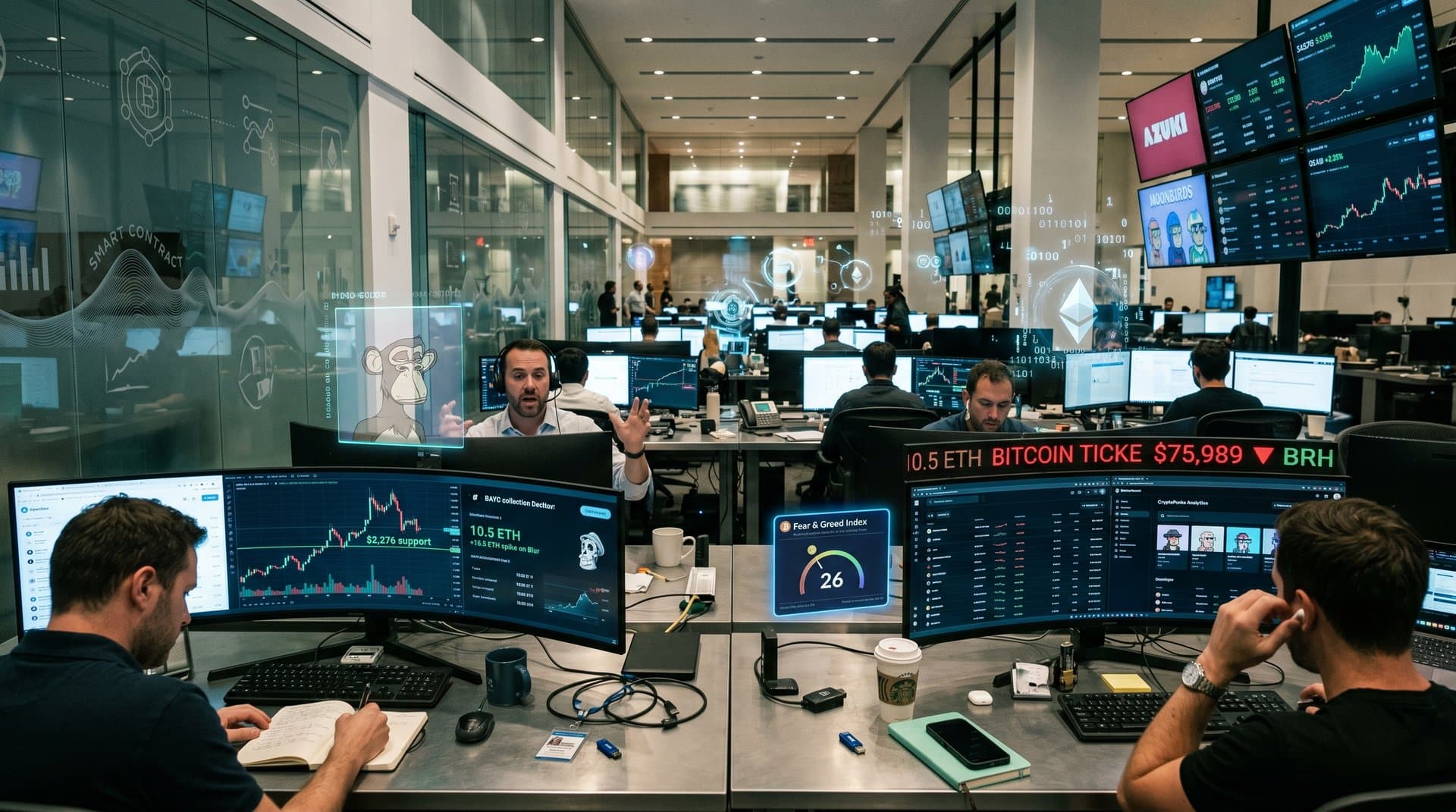 Holographic NFT trading desk showing ETH at $2,276, BAYC floor charts, BTC data, and Fear & Greed Index in cyberpunk style