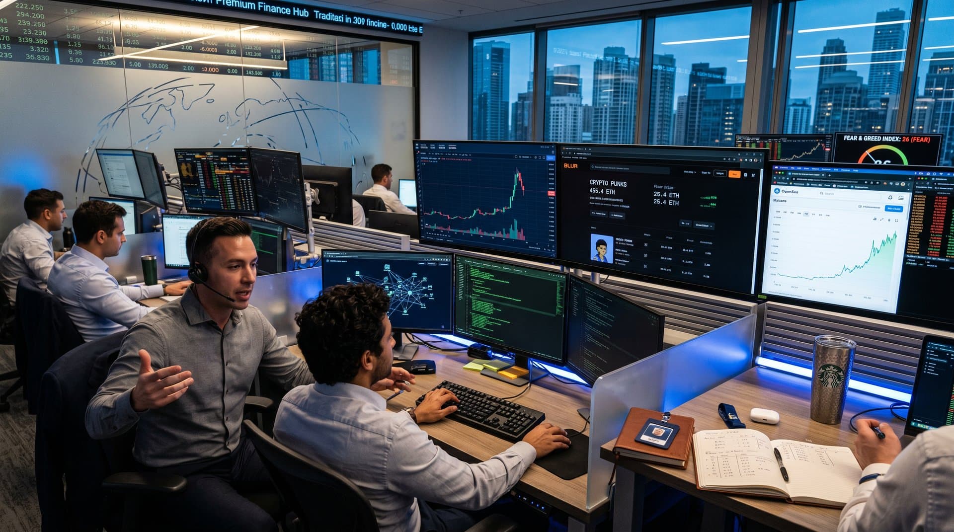Trading screens show ETH price charts at $2,229, NFT floors on Blur/OpenSea, and Web3 metrics in finance hub