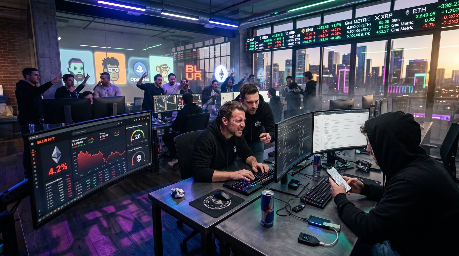 NFT traders monitor Blur and OpenSea charts showing ETH dips and Minnesota kiosk ban news on trading desks amid market fear