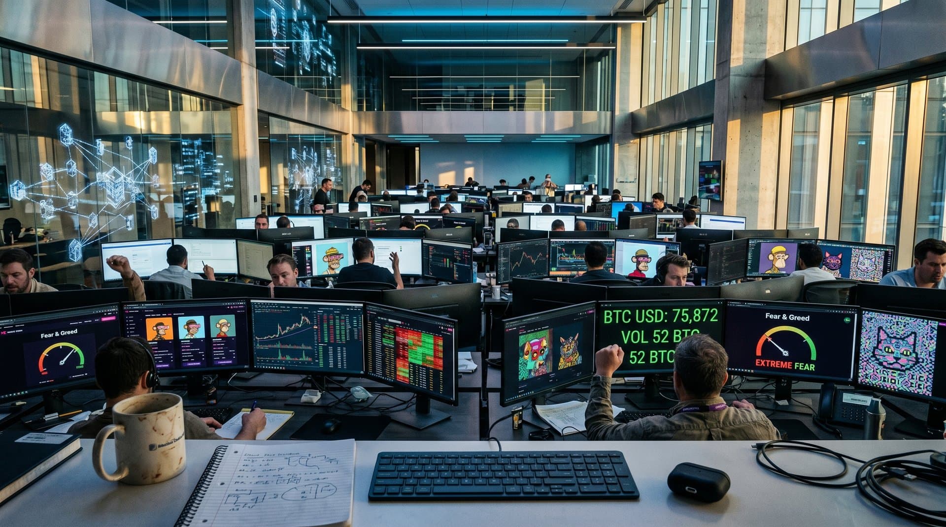 Glowing Bitcoin Ordinals inscriptions and NFT art with $75K price charts, Fear & Greed gauge, Magic Eden volume dashboard in cyberpunk style
