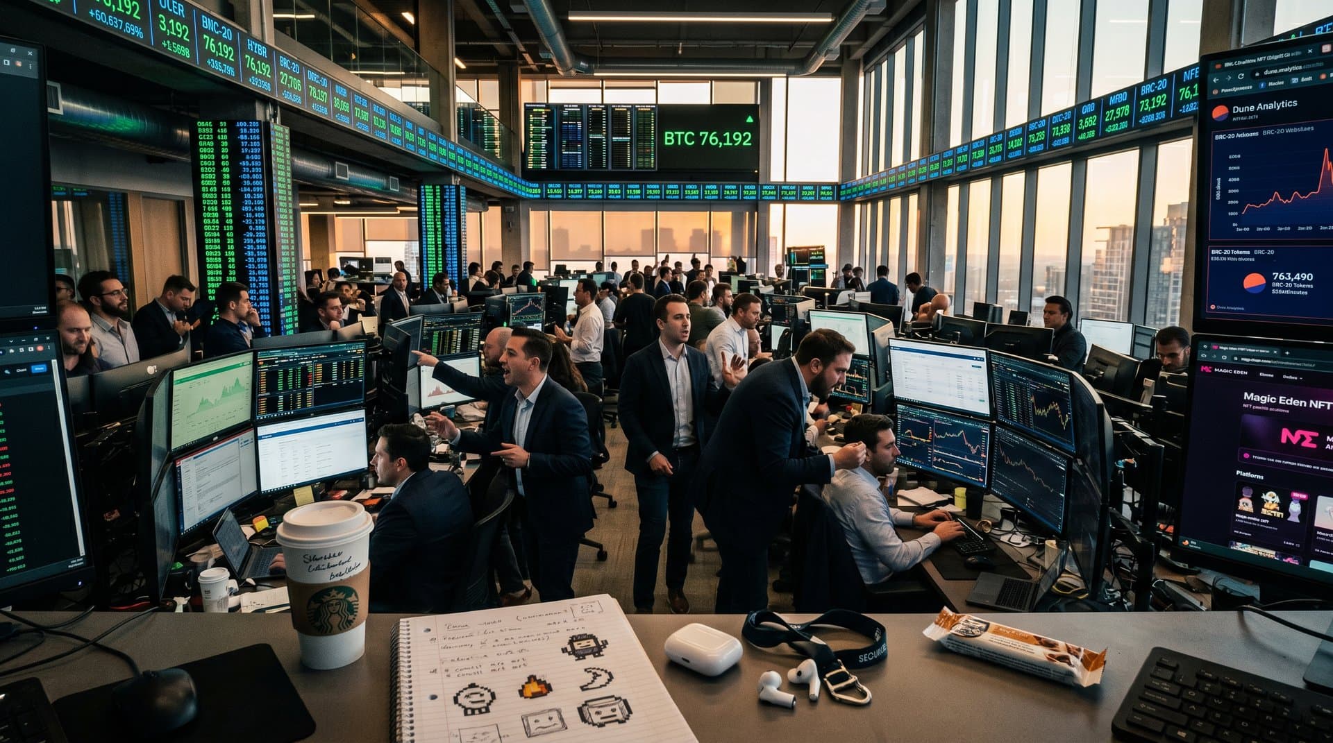 Traders monitor Bitcoin price and Ordinals dashboards on trading floor screens