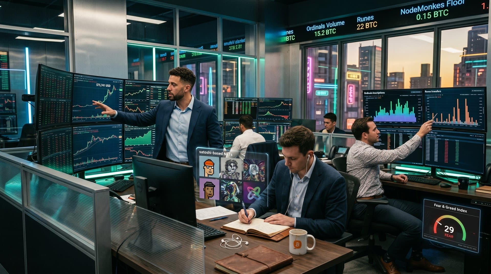 Trading room monitors show Bitcoin price at $75,741 with Ordinals and Runes data surges amid Fear & Greed at 29
