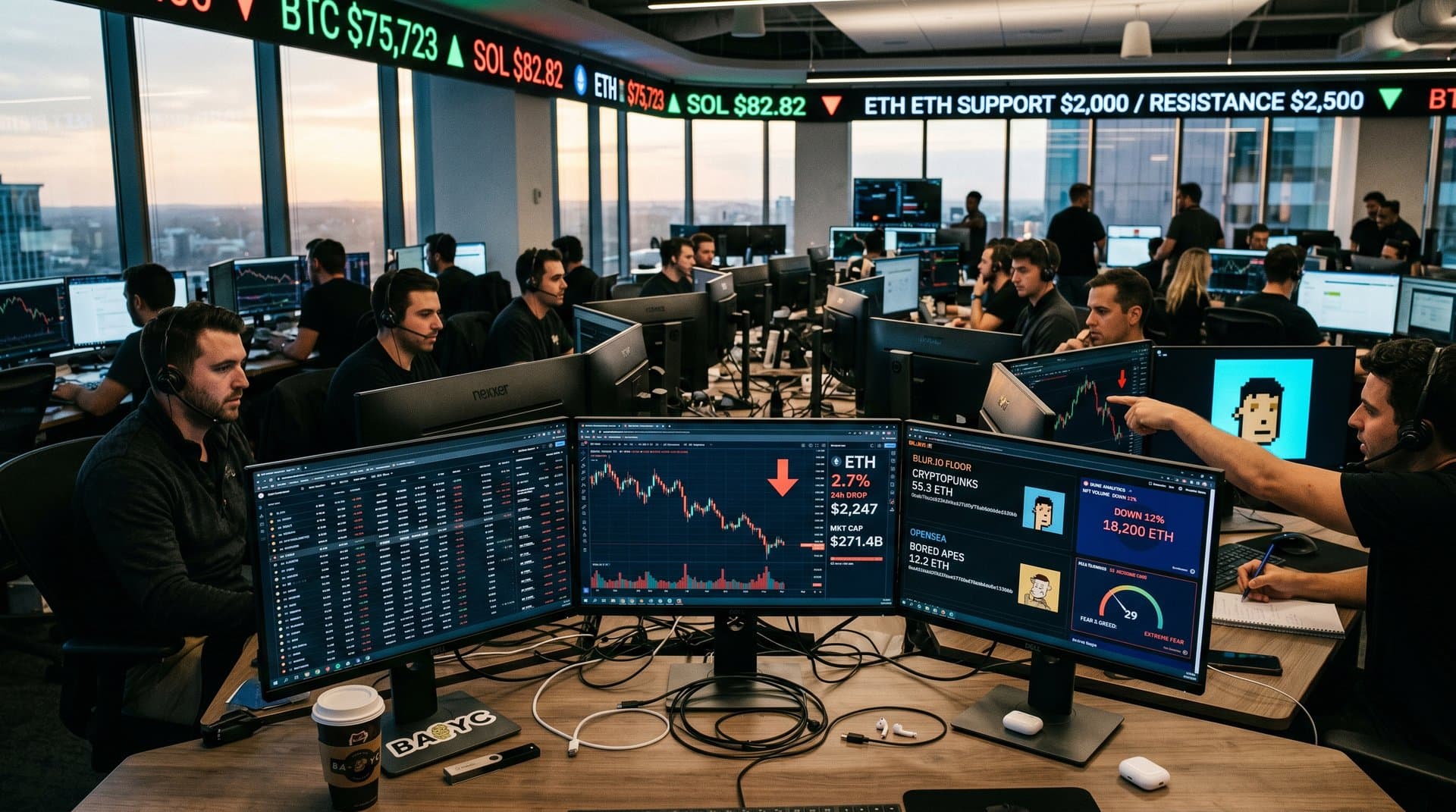 Crypto traders monitoring ETH at $2,247 and NFT floors on multi-screen setups