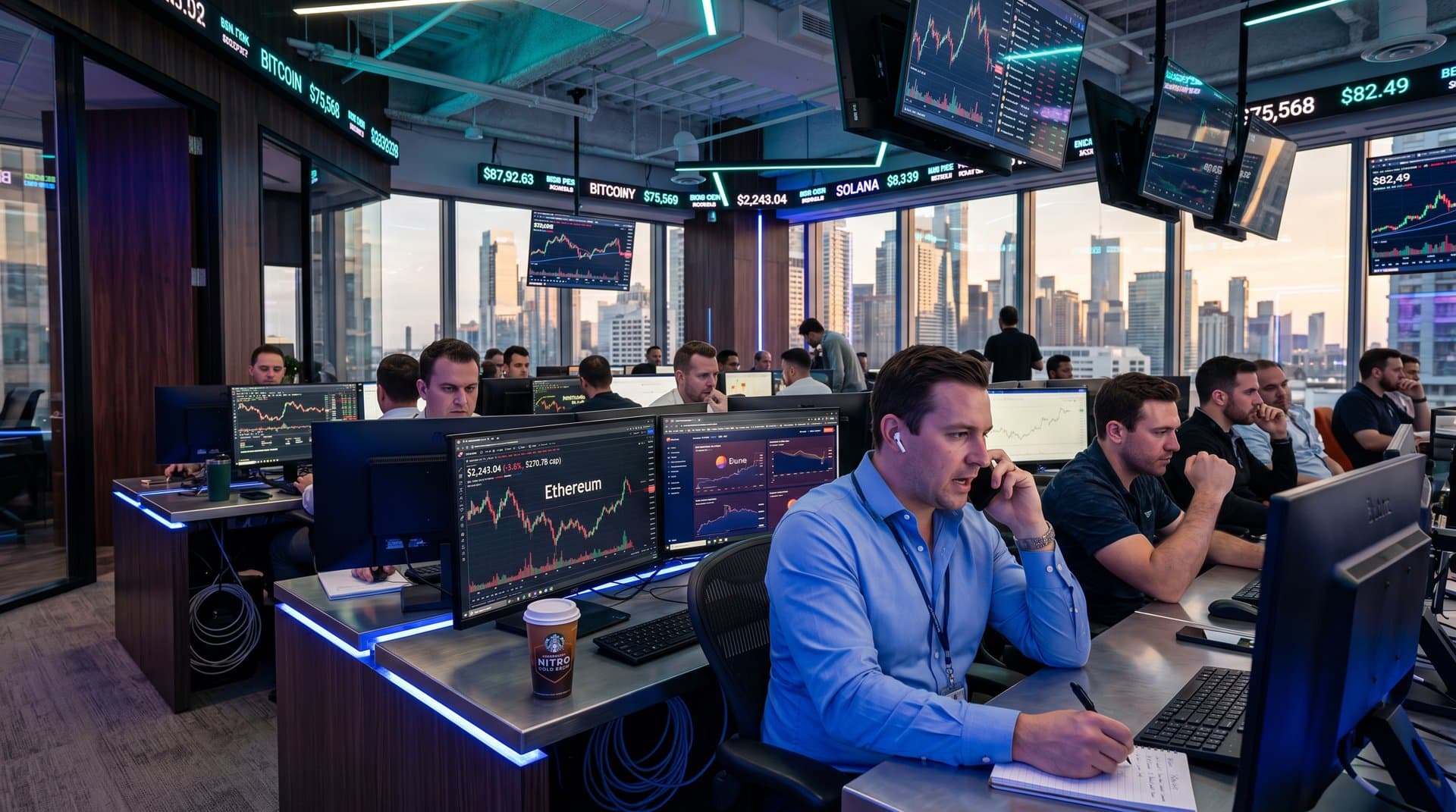 Crypto traders monitoring Ethereum price at $2,243, NFT floors, and Fear & Greed Index on trading floor screens