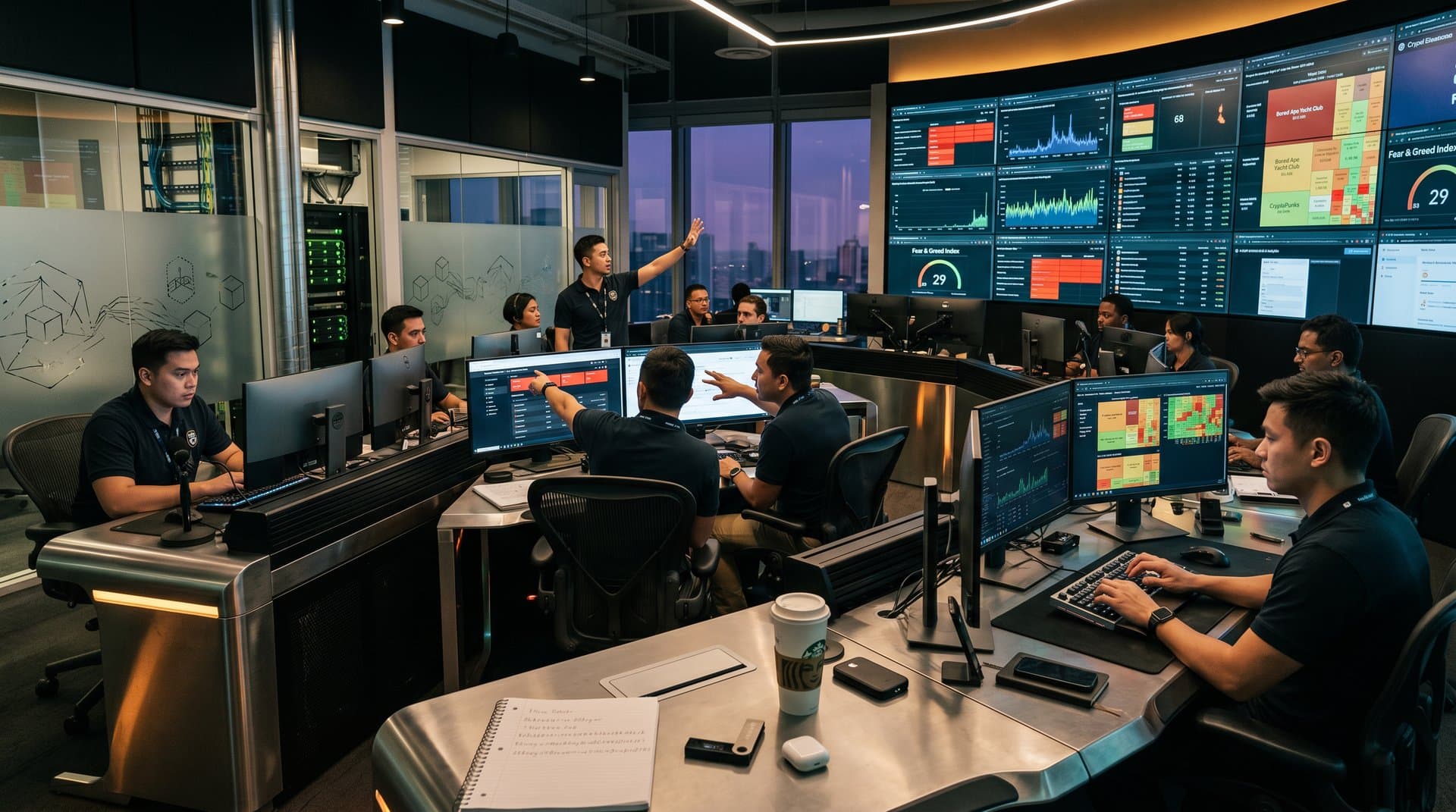NFT security operations center monitors crypto heist alerts, Ethereum transactions, and NFT floor prices on video walls and multi-monitor desks