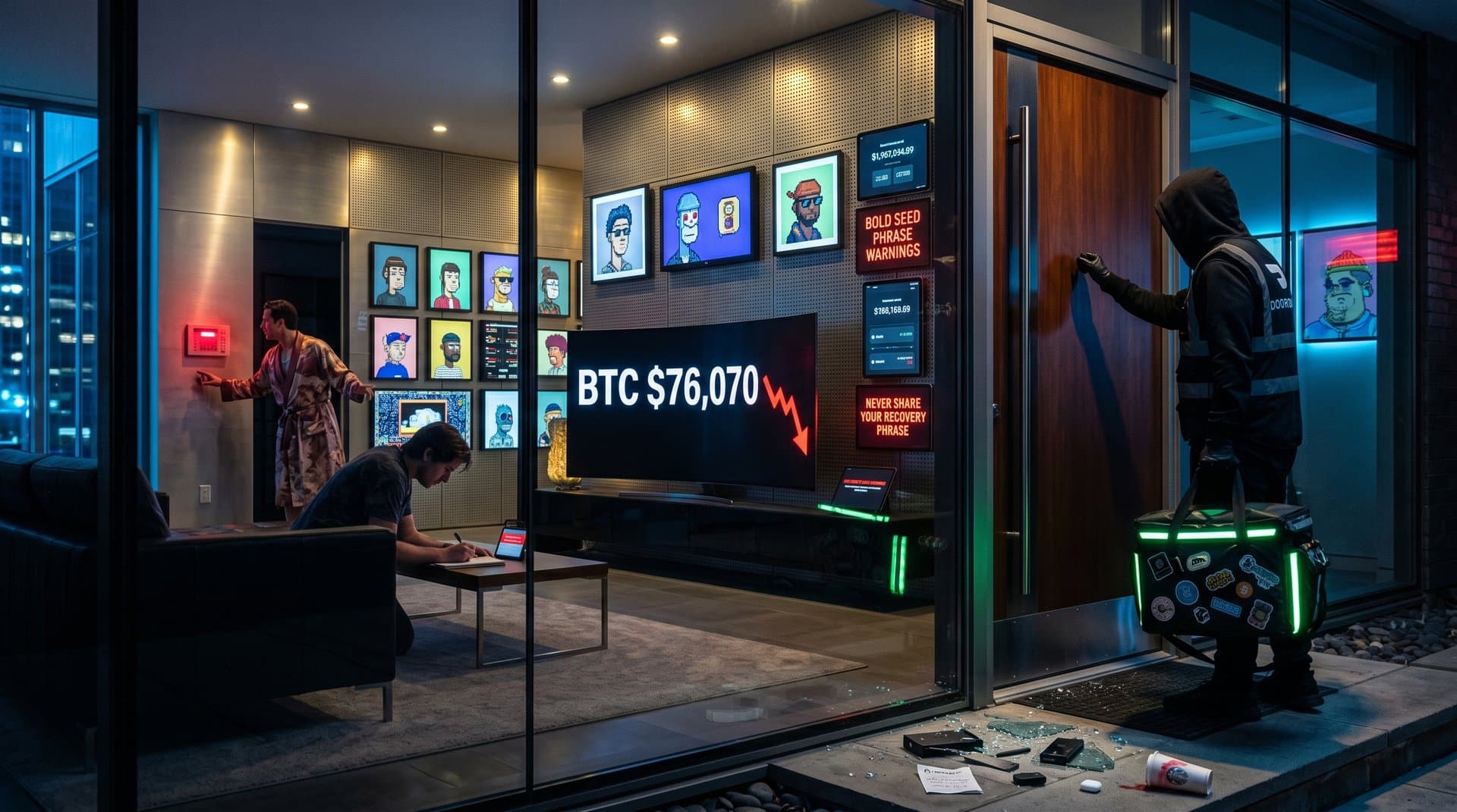 Cyberpunk DoorDash crypto heist scene at NFT whale mansion with glowing wallets, charts, and security breach visuals