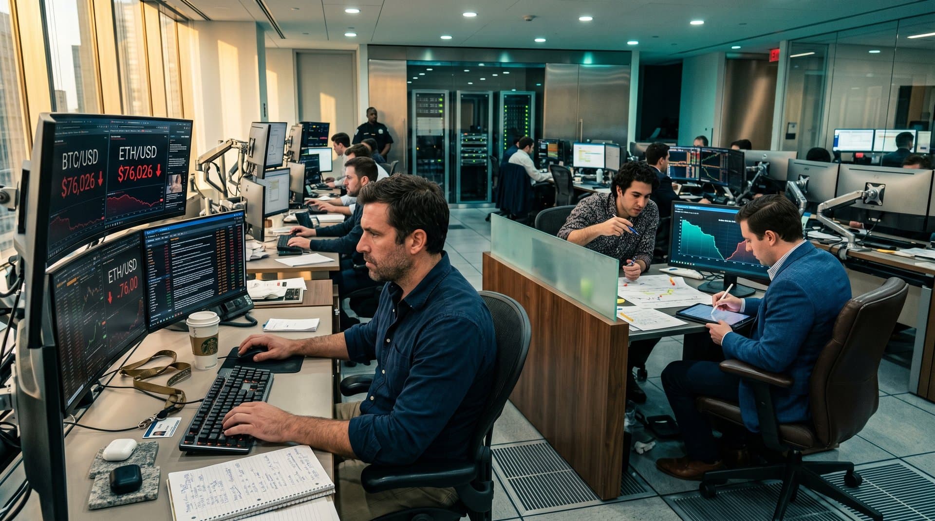 Analysts at Bloomberg terminals on Goldman Sachs trading floor monitor Bitcoin at $76K amid multi-screen crypto charts and market data displays