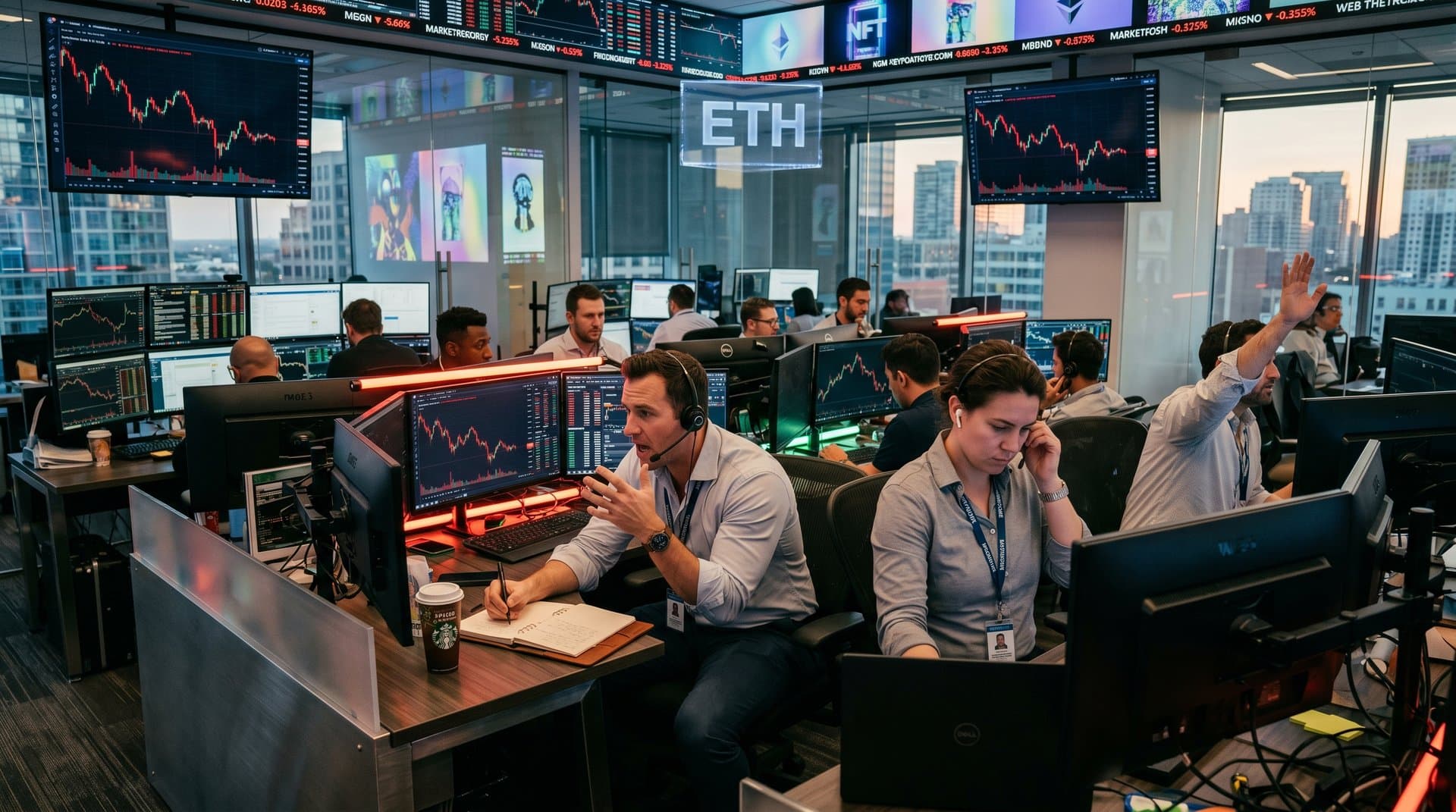 Crypto traders monitor Ethereum price dip and NFT floor declines on multi-screen trading desk with charts and dashboards