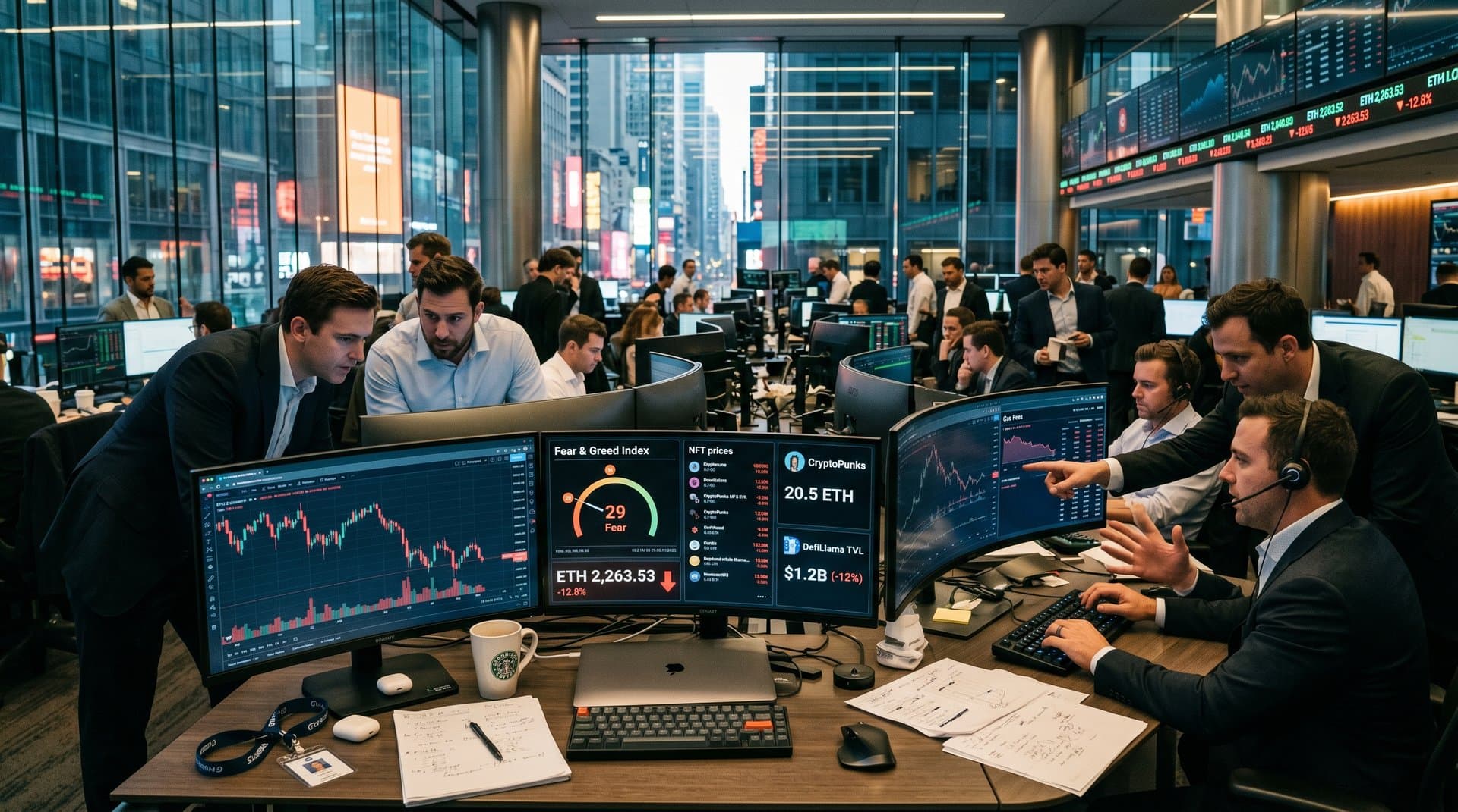 Trading desks monitor Ethereum price drop to $2,263 and NFT liquidity charts on multi-screens