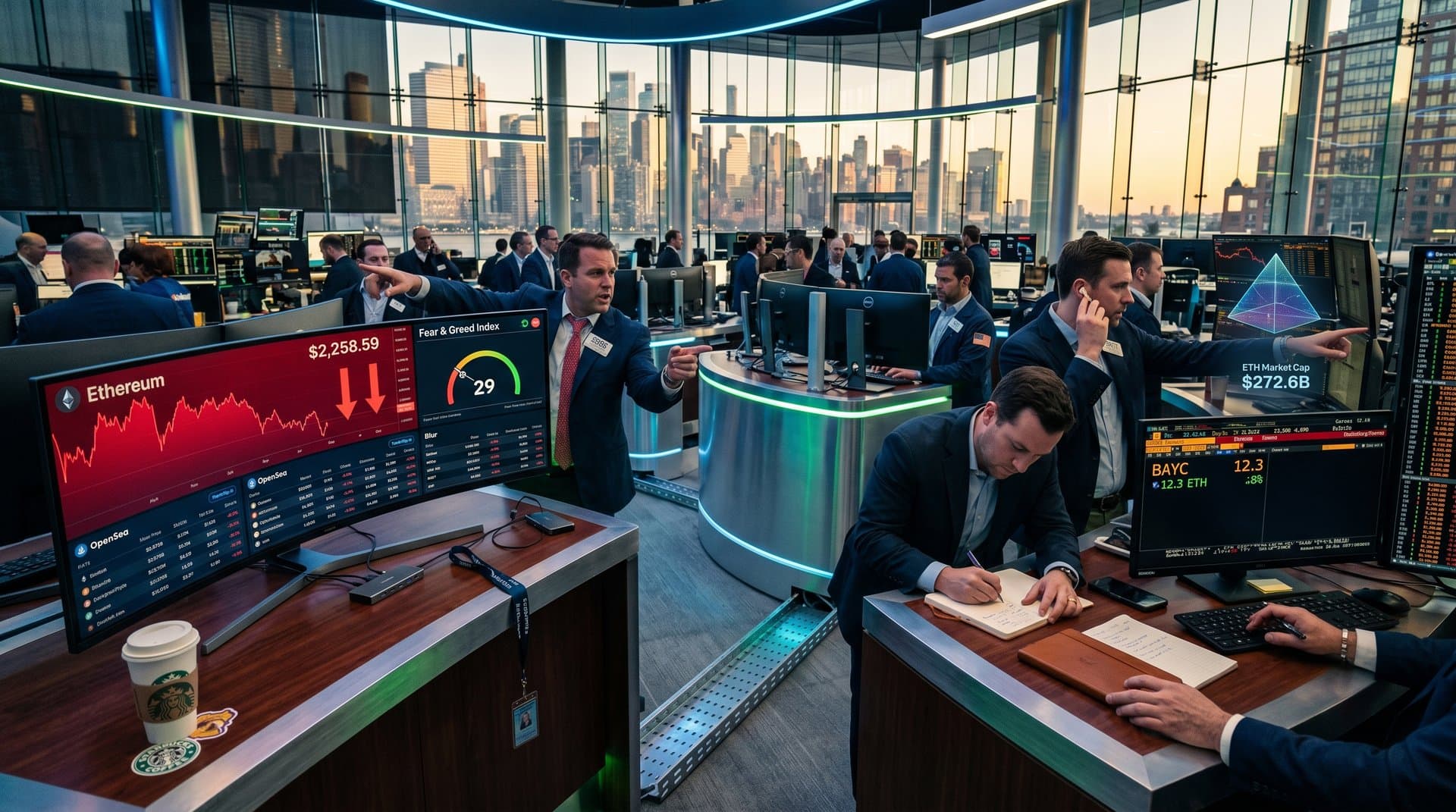 Trading desks showing ETH price drop to $2,258, Fear & Greed at 29, declining NFT floors on OpenSea and Blur against city skyline