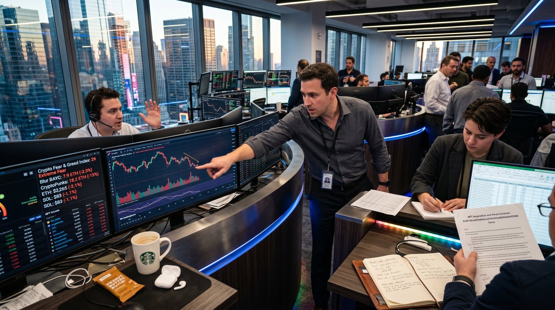Trading screens display Bitcoin at $76,292, Fear & Greed at 29, and declining NFT floor charts in modern finance office
