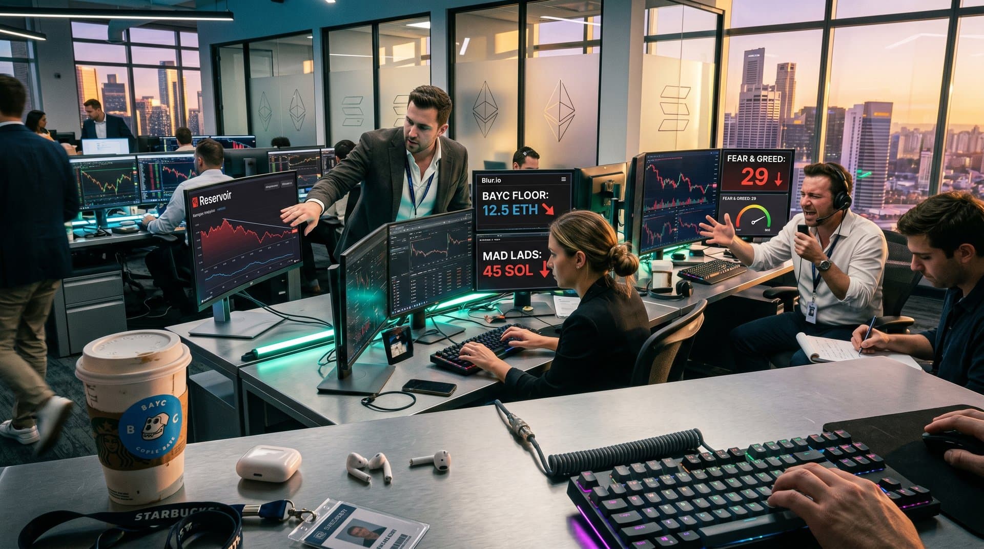 Trading desk with Blur dashboards showing BTC $76K, BAYC 12.5 ETH floor, Fear & Greed 29, and Solana NFT data amid Web3 finance elements