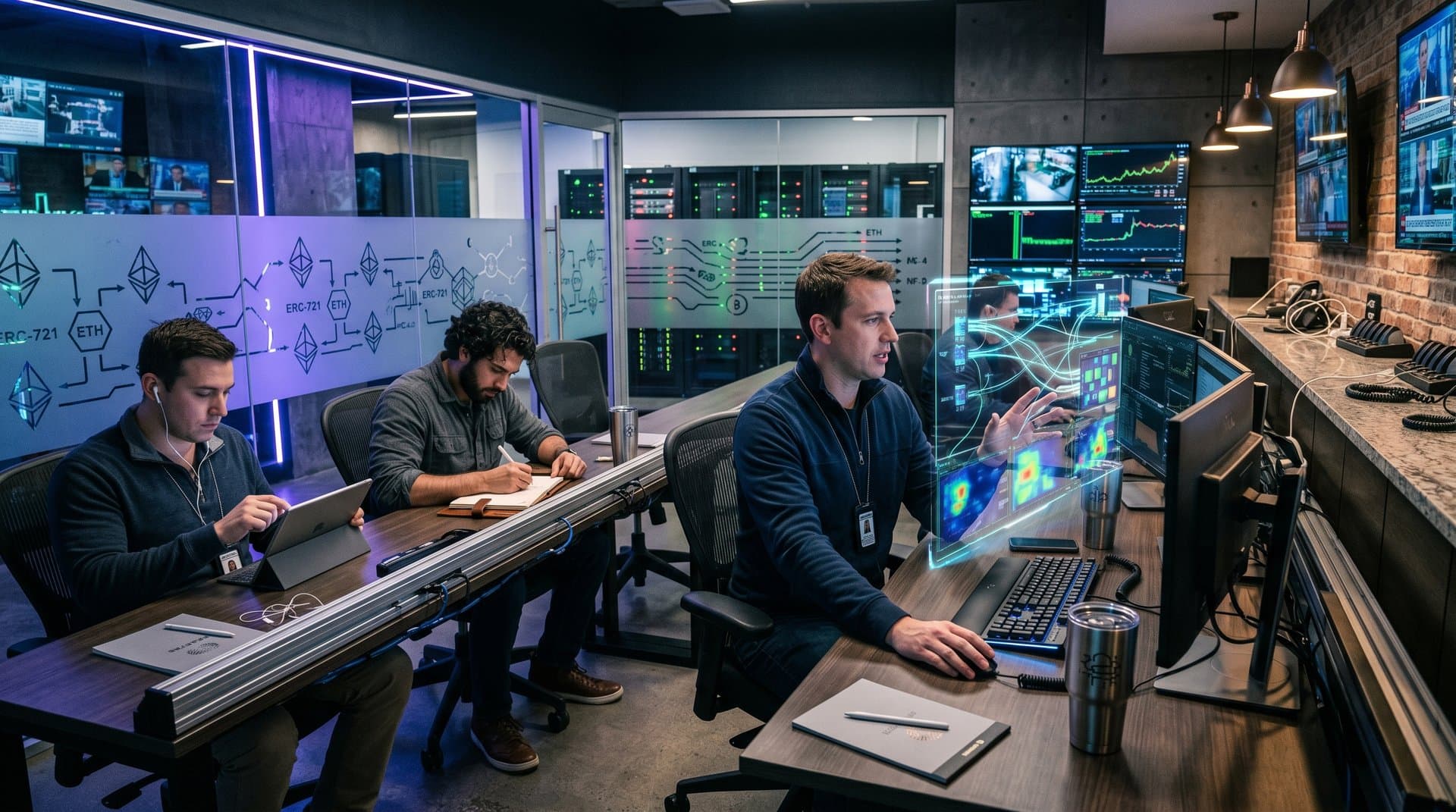 Holographic blockchain graphs and NFT heatmaps on monitors in a neon-lit high-tech security center