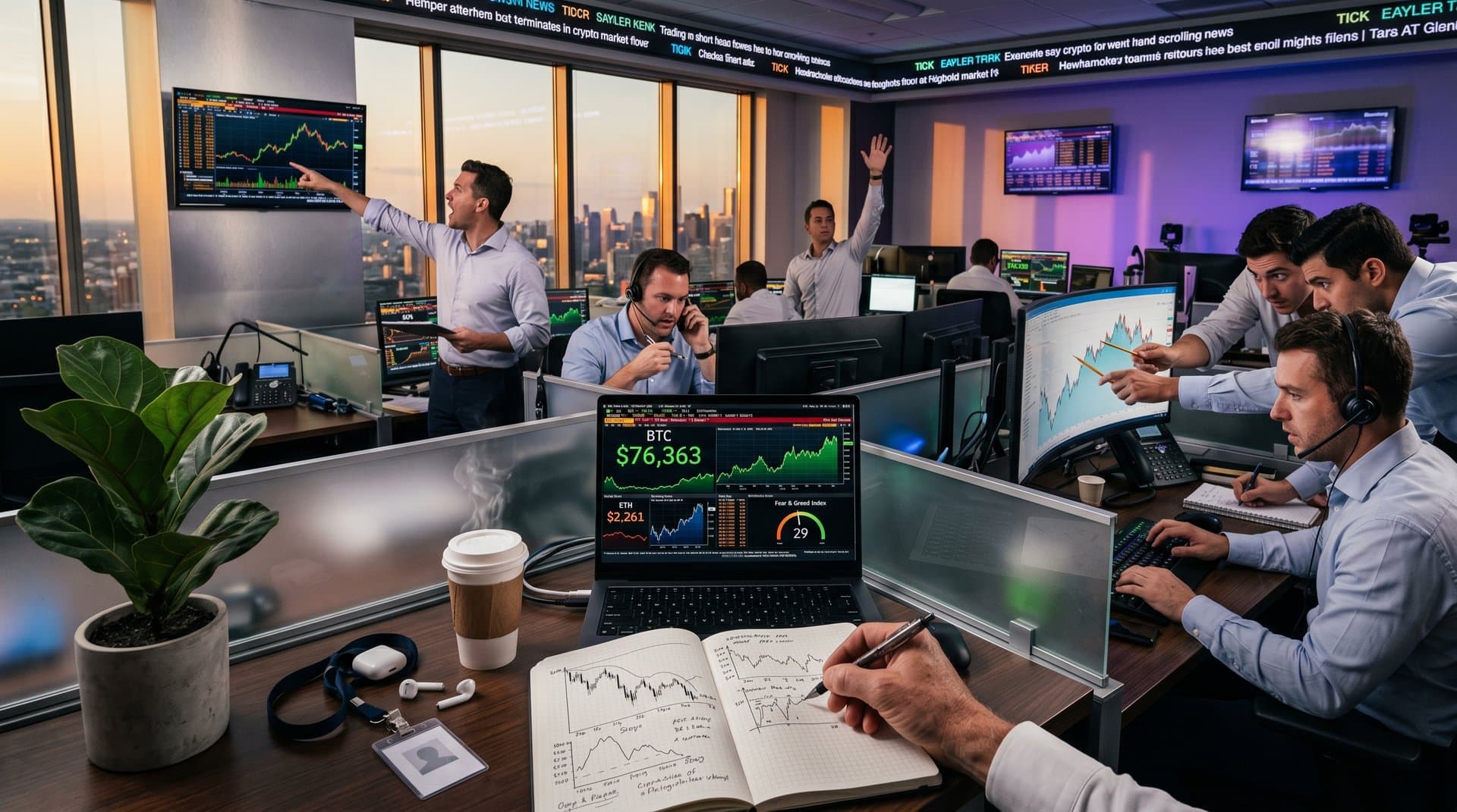 Trading desks with charts showing BTC at $76K, NFT floors dropping, Fear & Greed at 29 amid Musk testimony