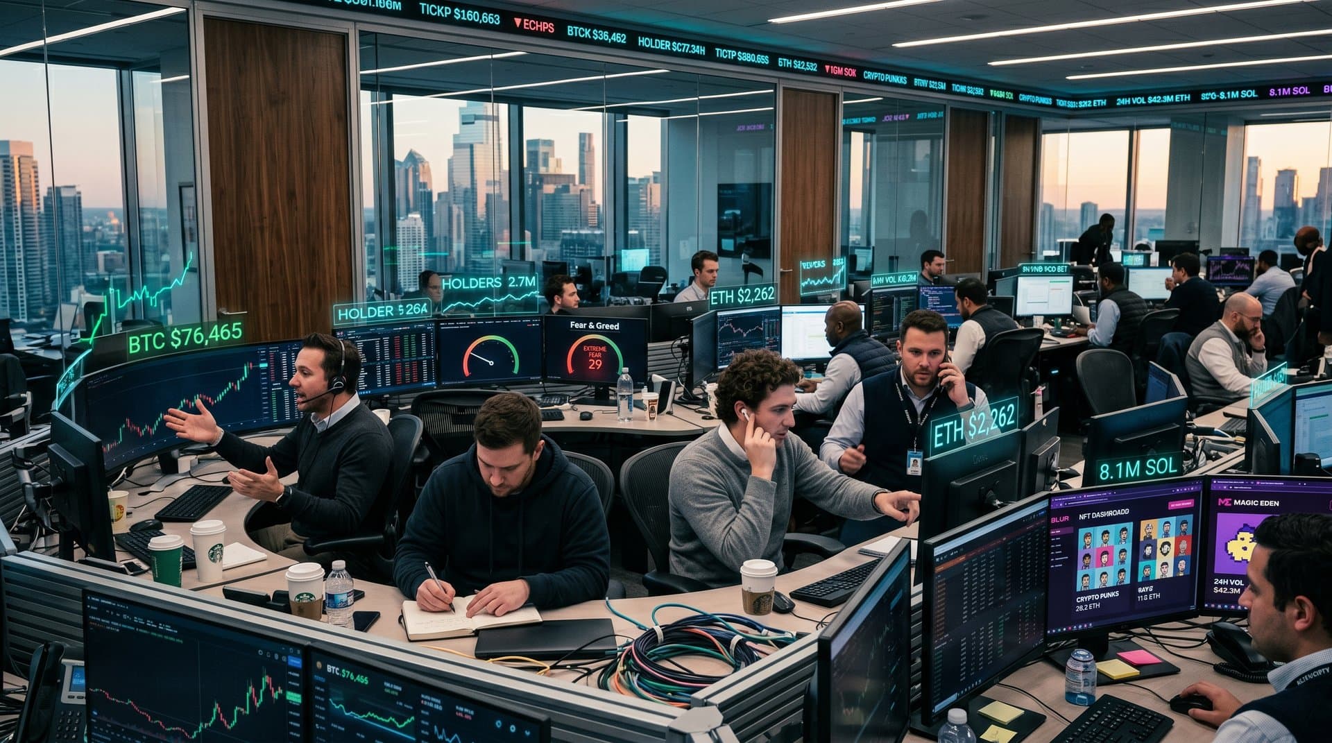 Crypto trading floor with monitors showing Bitcoin at $76,465, NFT floors, Fear & Greed at 29, and market dashboards
