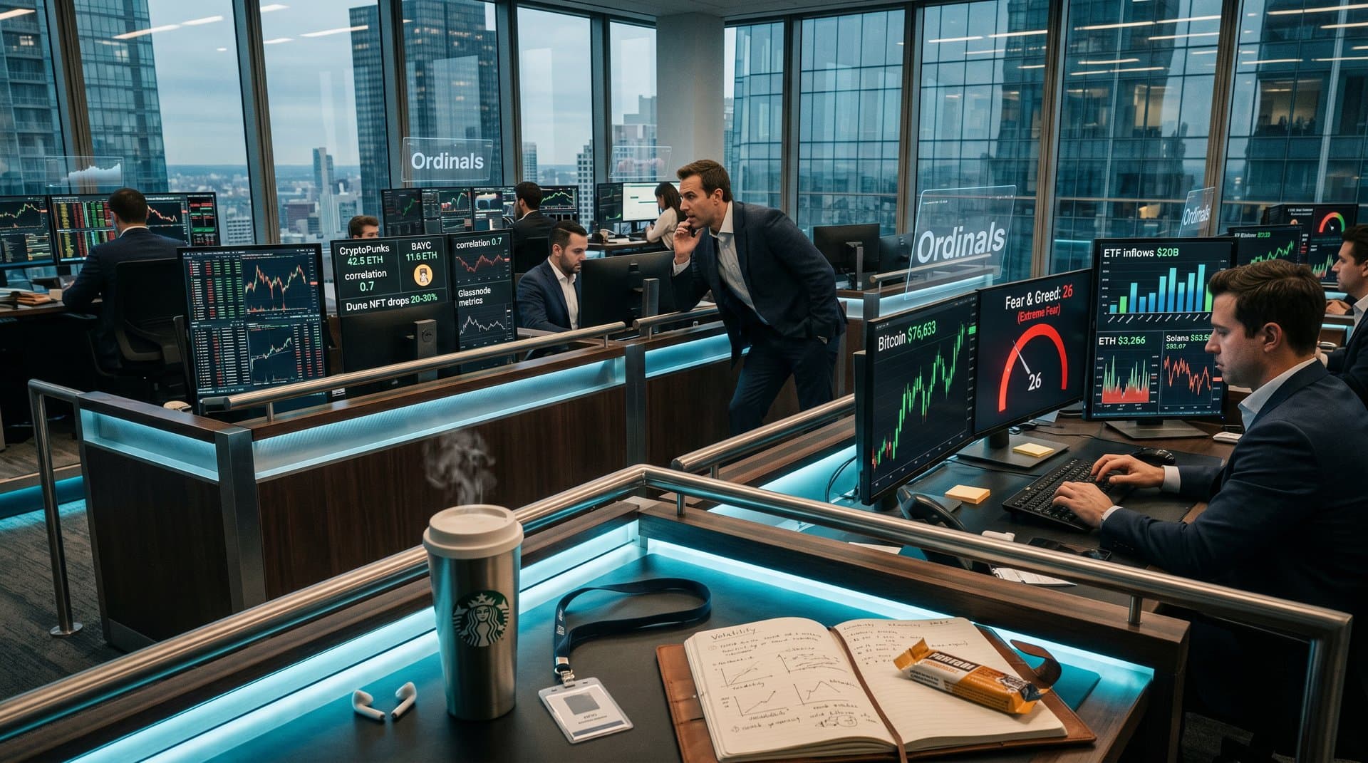 Trading floor screens show Bitcoin at $76,633, Fear & Greed at 26, and NFT charts on Blur amid market analysis