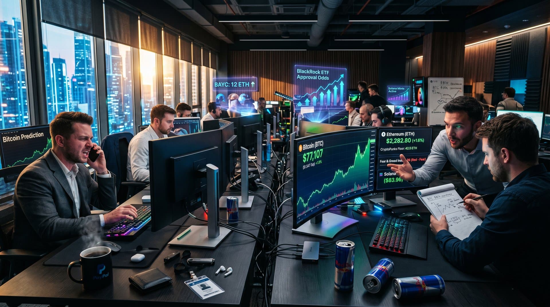 Crypto traders monitor BTC $77K, ETH, and NFT charts on high-tech desks with Web3 volumes and city skyline
