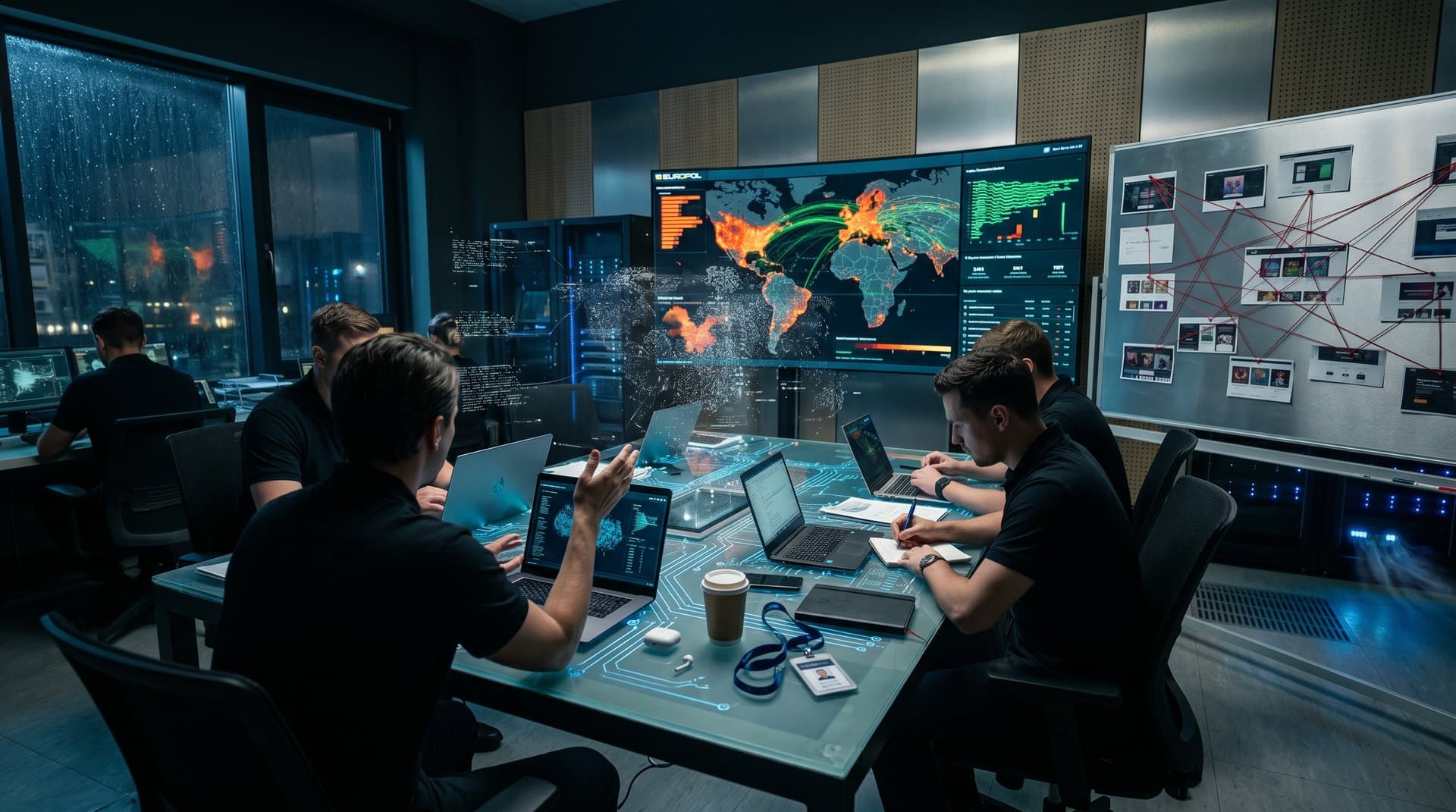 Europol analysts study blockchain fraud maps and NFT scam data on monitors in high-tech command center