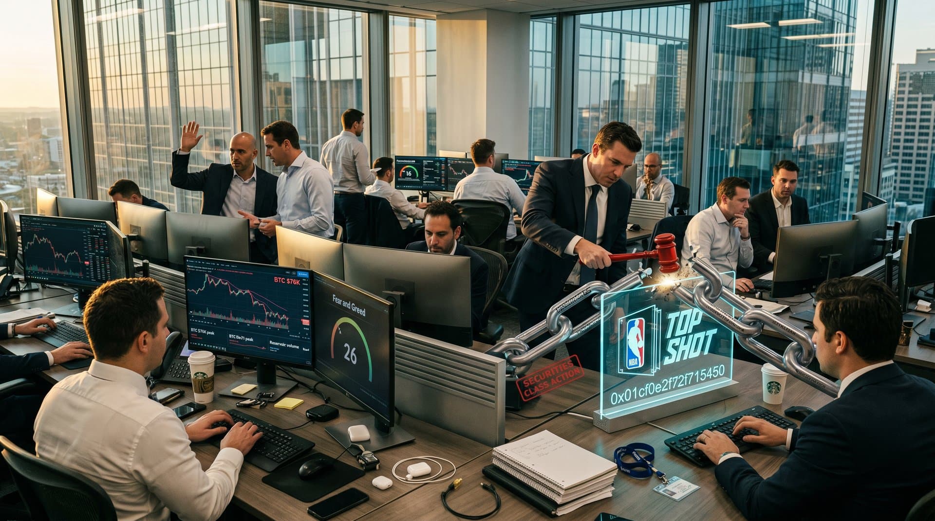 NBA Top Shot NFT card with gavel on Flow blockchain amid class action alerts and market charts