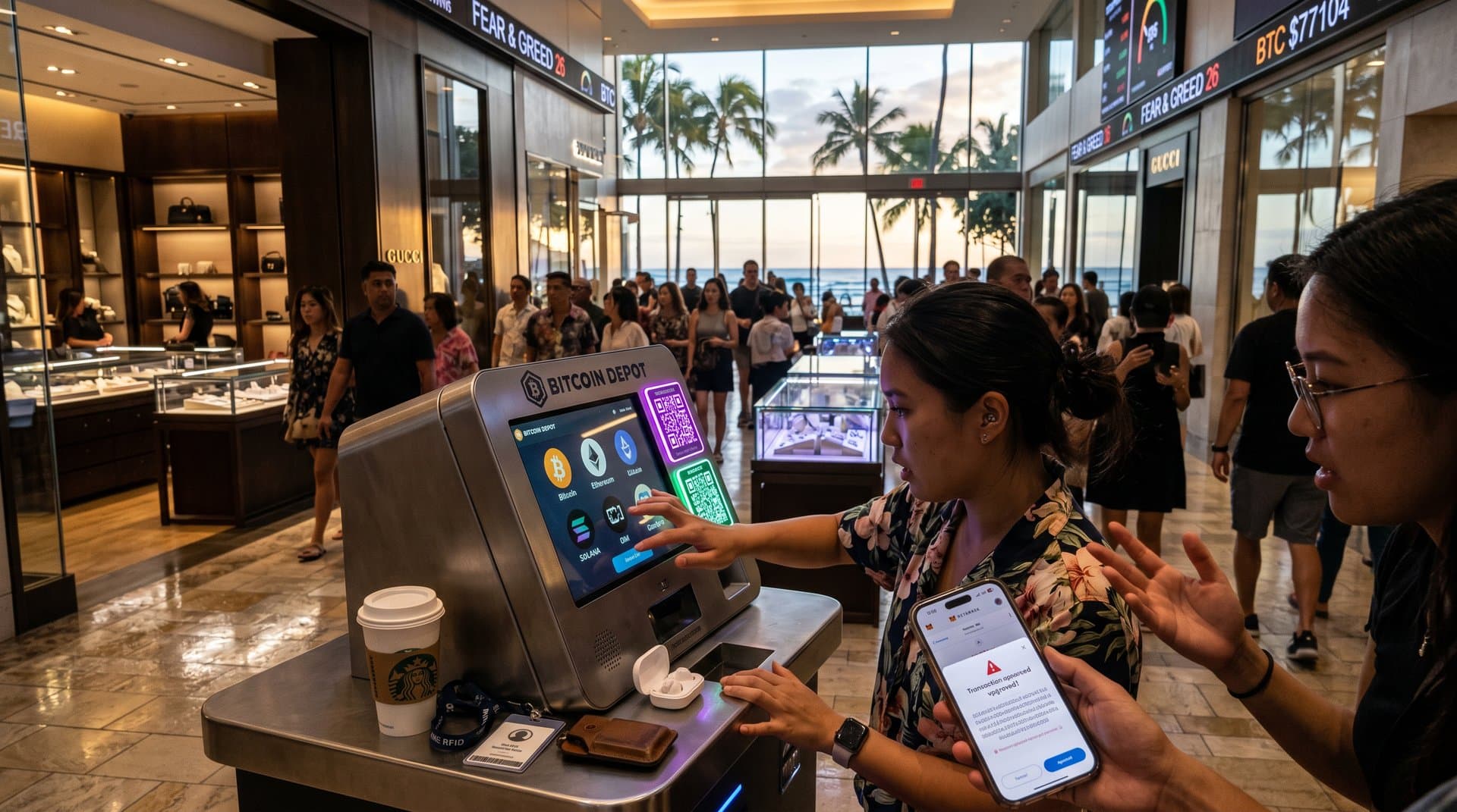 Honolulu mall crypto kiosk with scam QR code and NFT wallet warning amid Fear & Greed 26 display