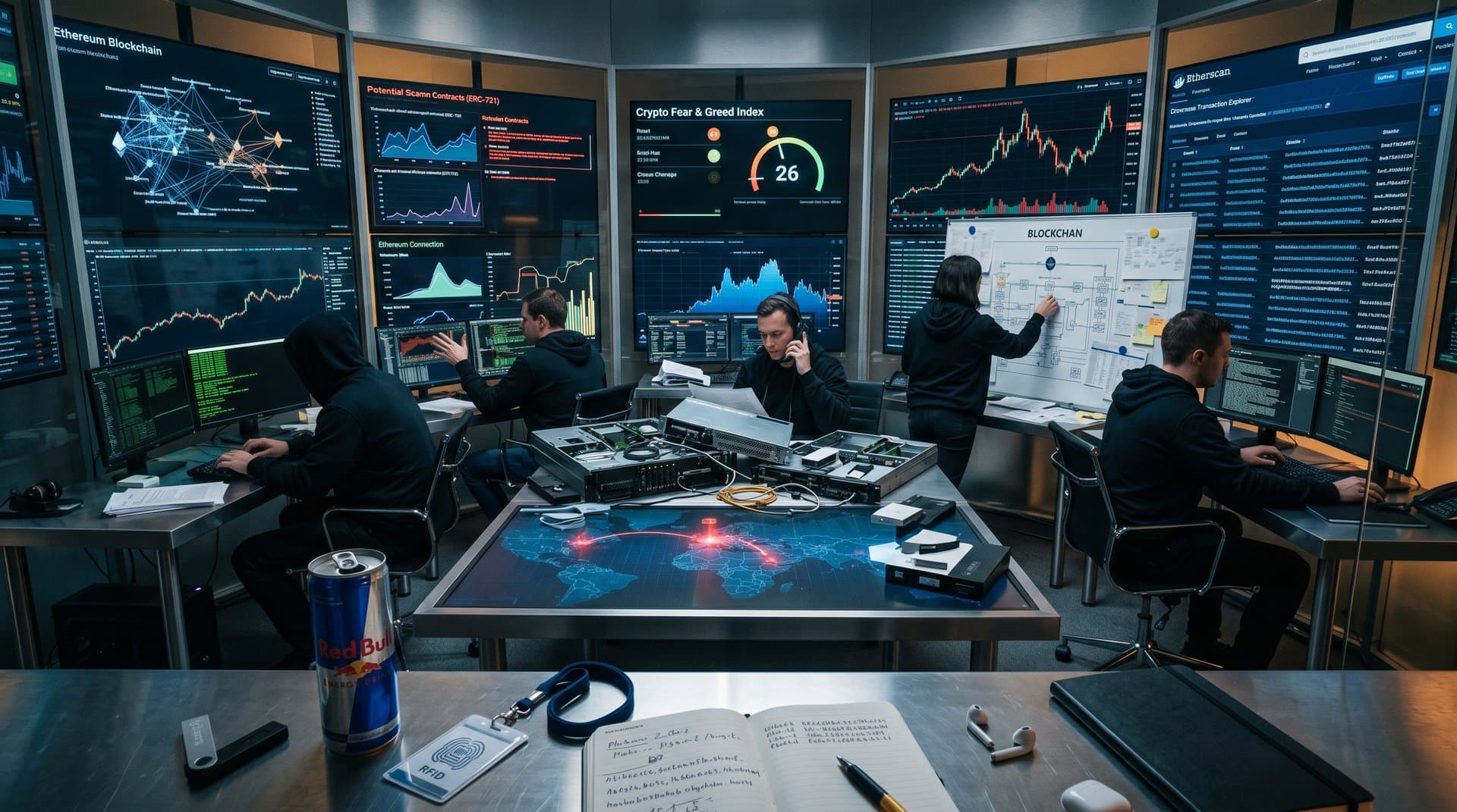 Cybercrime analysts review Ethereum NFT scam blockchain data, Fear Index charts, and Europe maps in tech command center