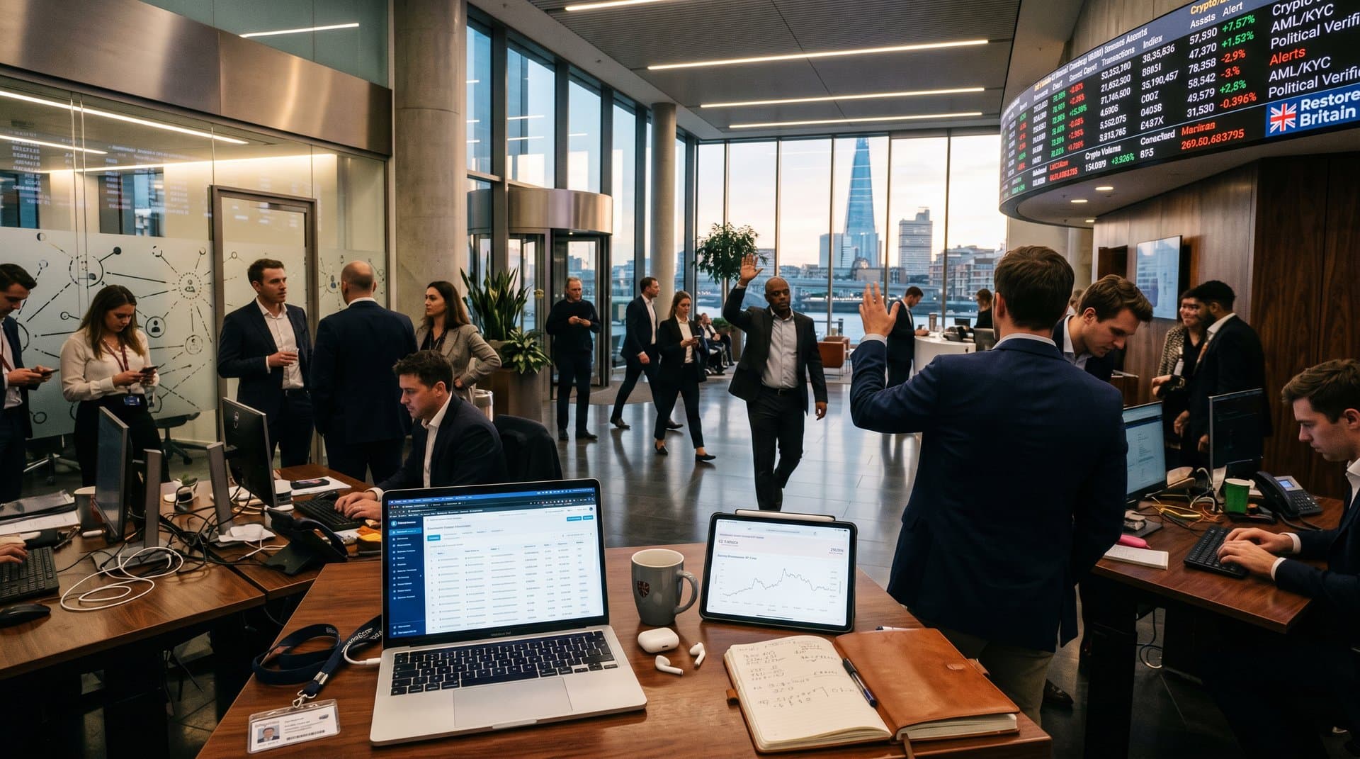 FCA lobby with regulators viewing blockchain NFT donation data, Thames skyline, Web3 charts on screens