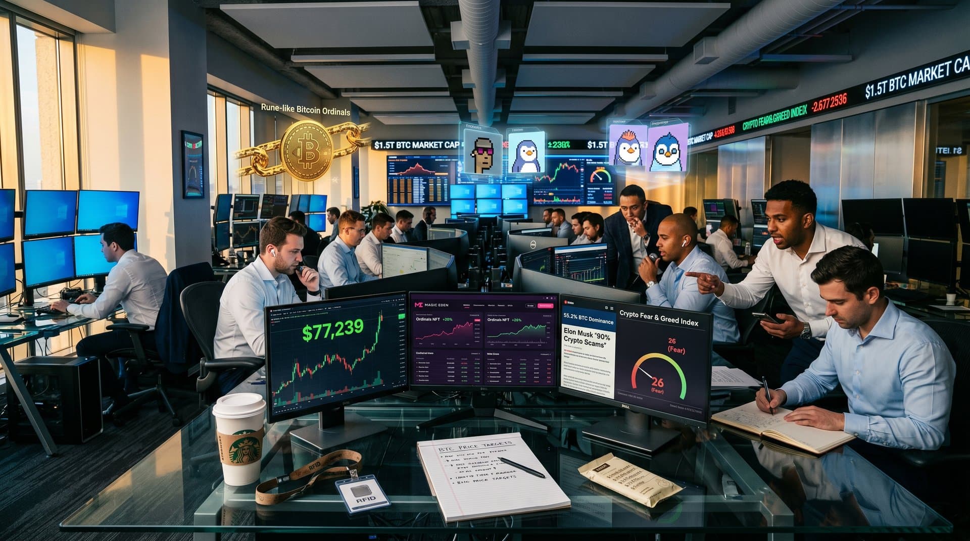 Trading floor screens show BTC at $77K, Ordinals NFT surges, Fear & Greed 26 amid Musk testimony