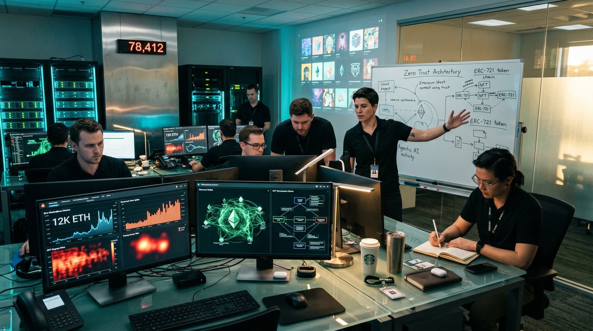 Cybersecurity center displays NSA-ACSC agentic AI guidelines with Ethereum NFT blockchain visualizations