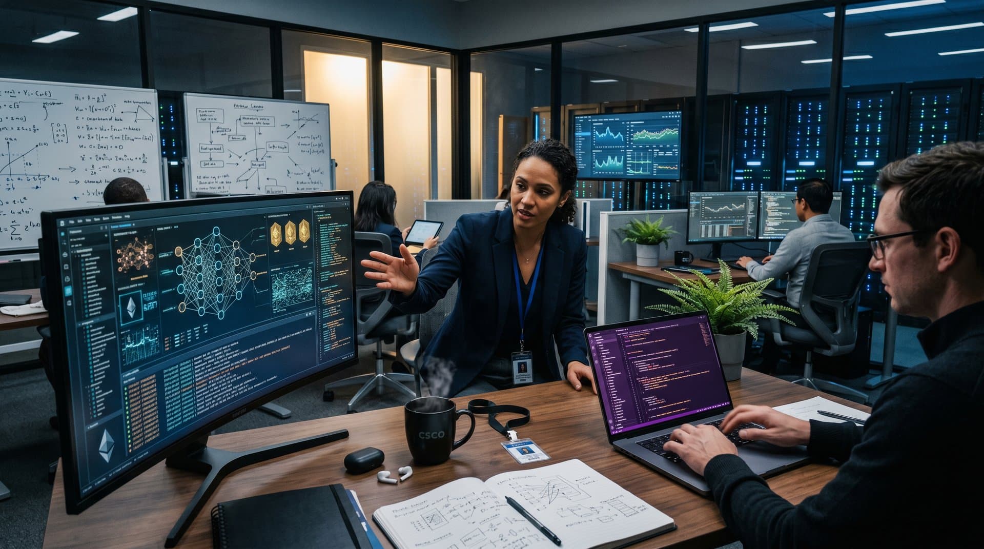 High-tech lab with curved monitor showing AI neural networks and NFT blockchain provenance chains amid modern workspace elements