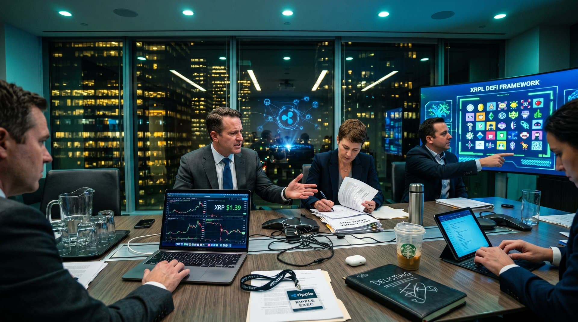 Boardroom with SEC case docs, XRP price charts, XRPL NFT screens amid regulatory tension