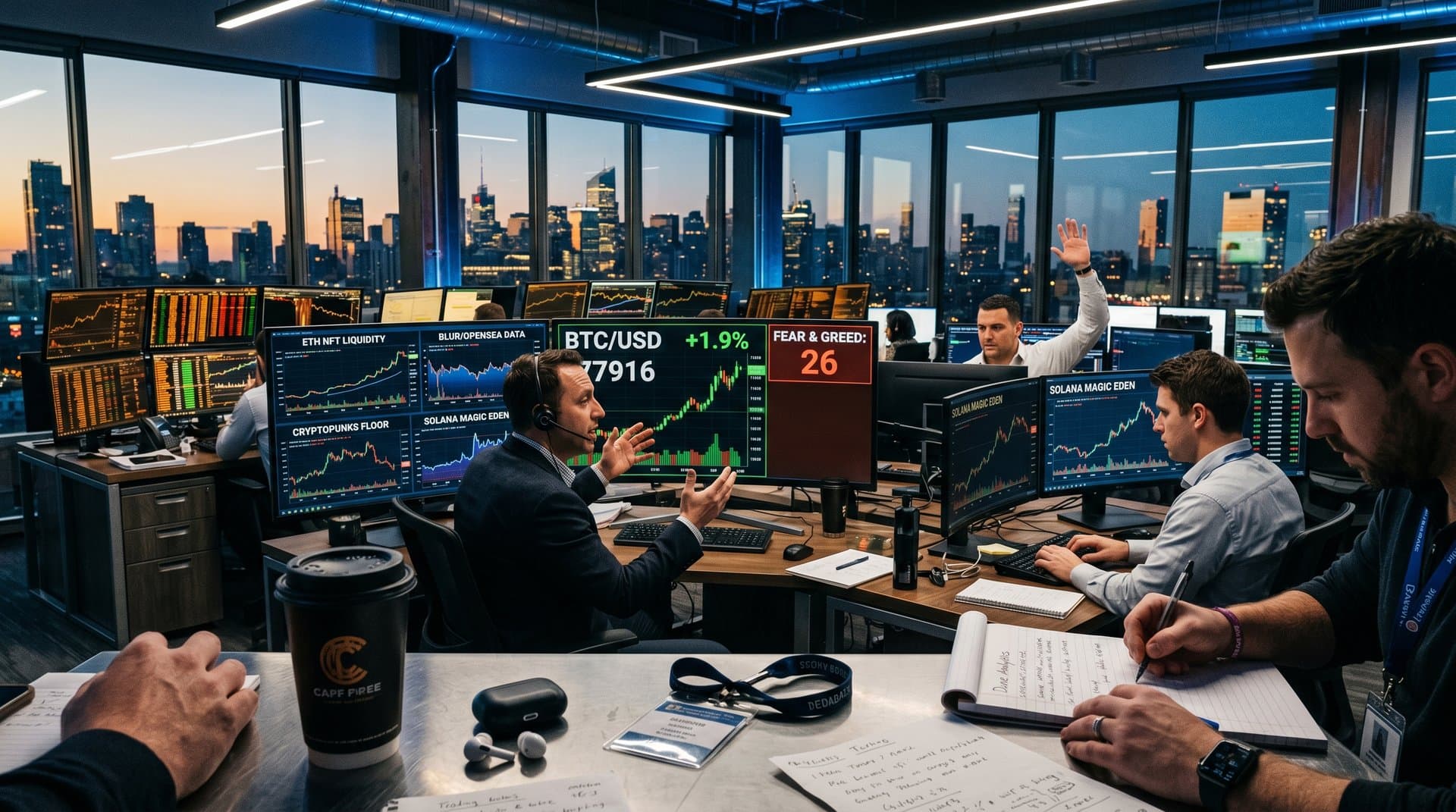 Trading screens show BTC at $77,916, Fear & Greed 26, Ethereum and Solana NFT liquidity charts