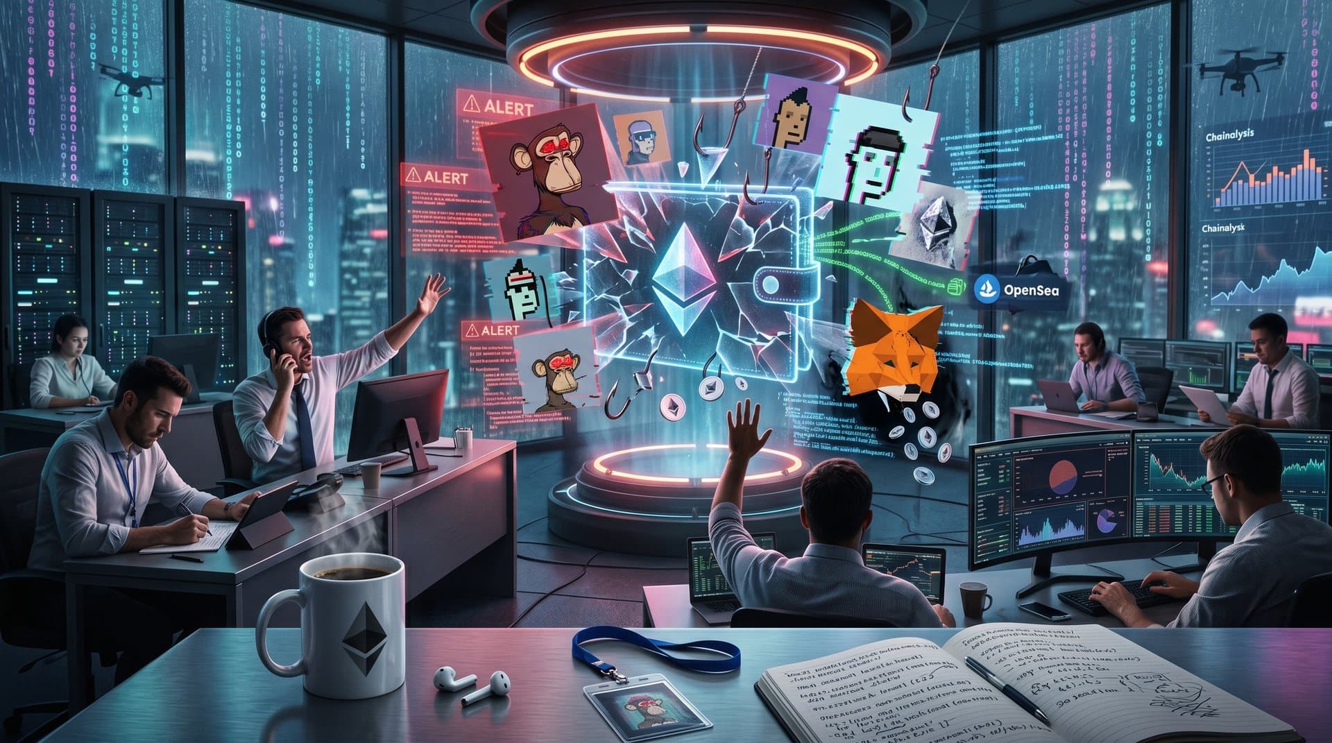 Holographic Ethereum wallet under phishing attack with NFT art and blockchain alerts in cyberpunk style