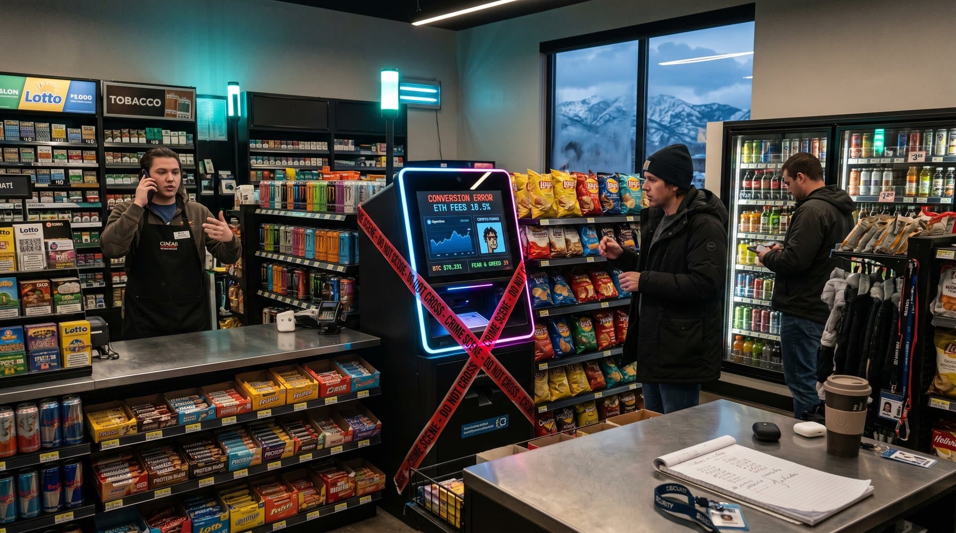 NFT artist confronts banned crypto ATM in Heber City store amid OpenSea charts, Utah mountains, and Fear & Greed 39 overlay