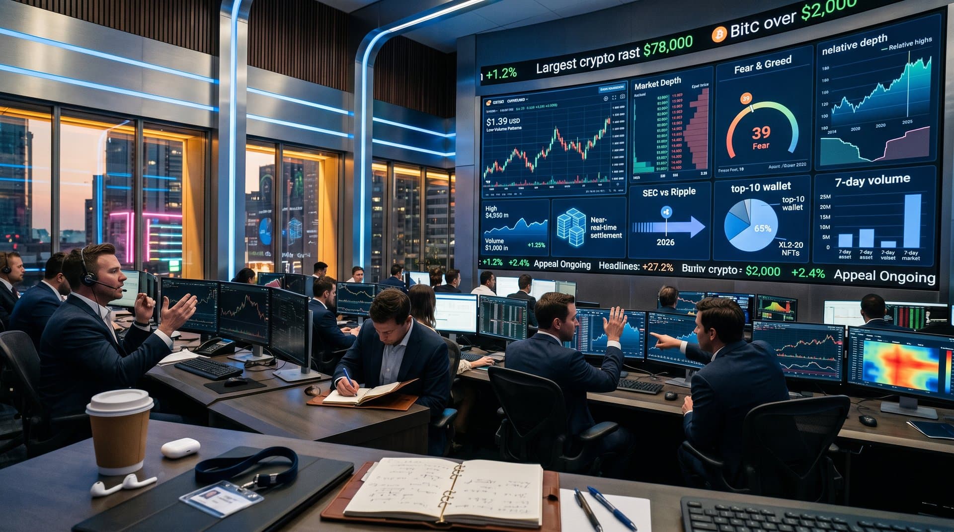 Trading screens show XRPL projects NFT liquidity charts, XRP at $1.39, Fear & Greed 39, and market comparisons in modern finance hub