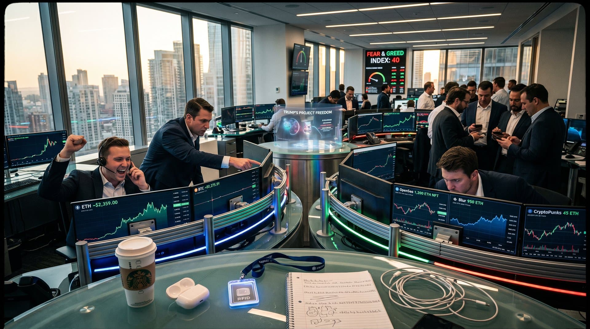 Crypto traders monitor BTC $80K, ETH charts, NFT volumes on modern trading floor with digital tickers and skyline view