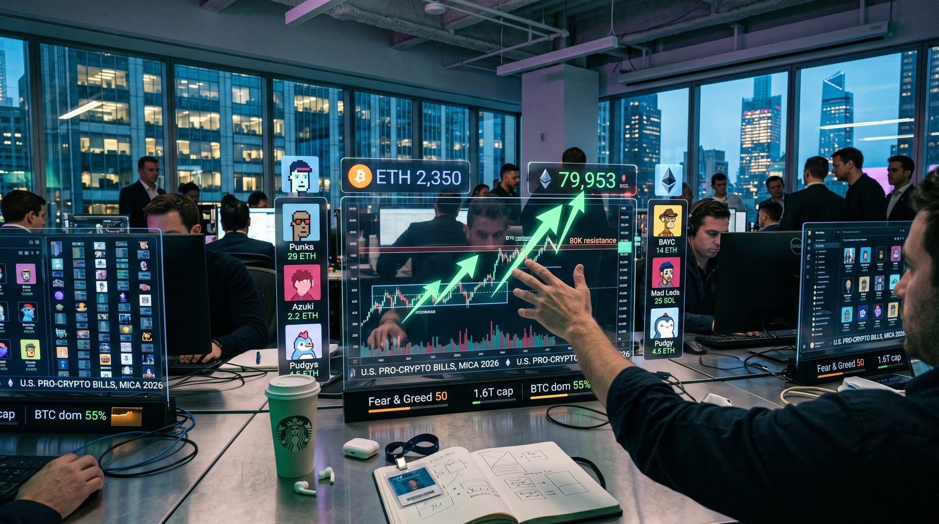 Trading charts show BTC at $79,953, ETH at $2,350, rising NFT floors amid U.S. legislation news