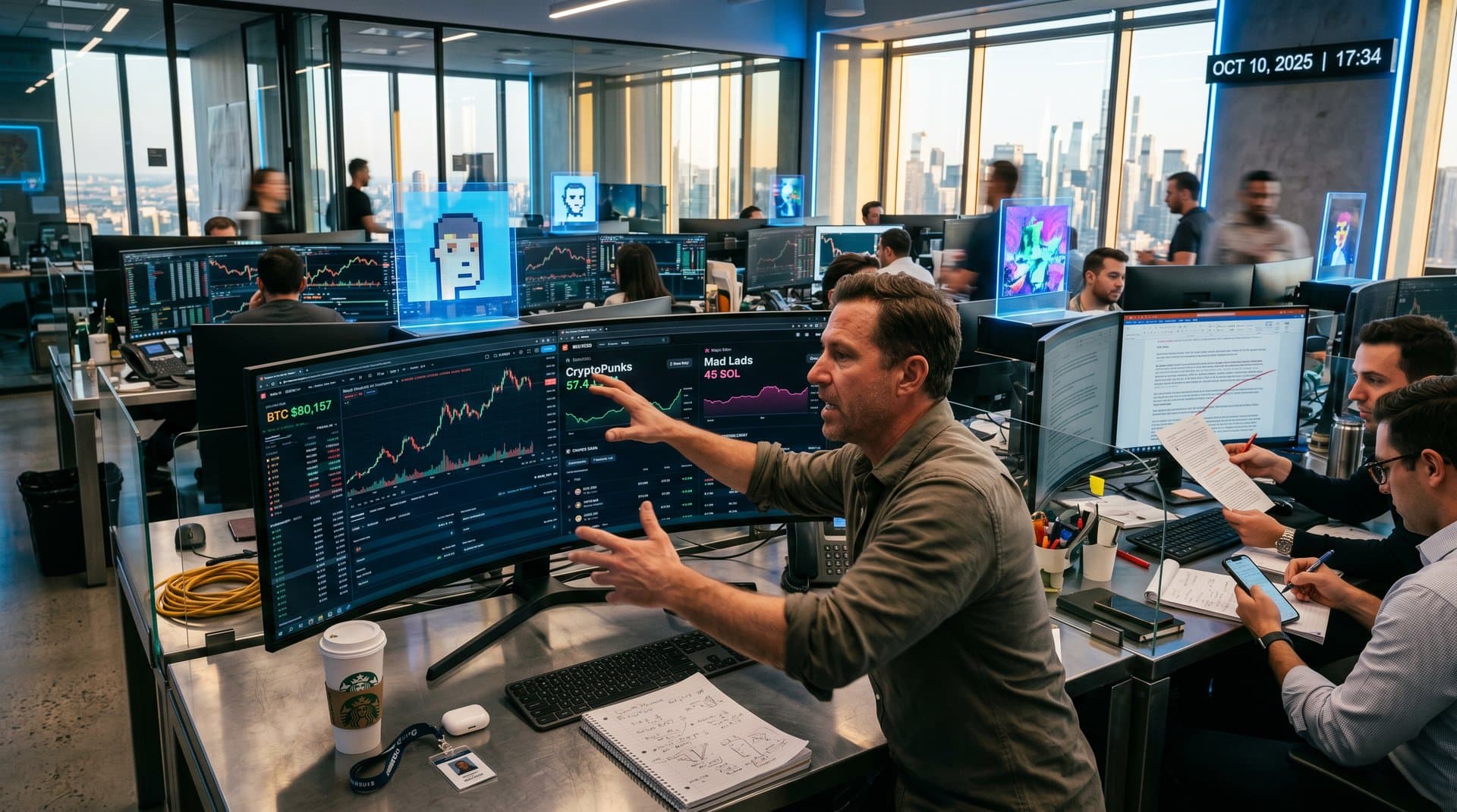 NFT trading desk with monitors showing BTC $80K chart, CryptoPunks 32.4 ETH floor on Blur, Solana NFTs, traders analyzing legislation impact.