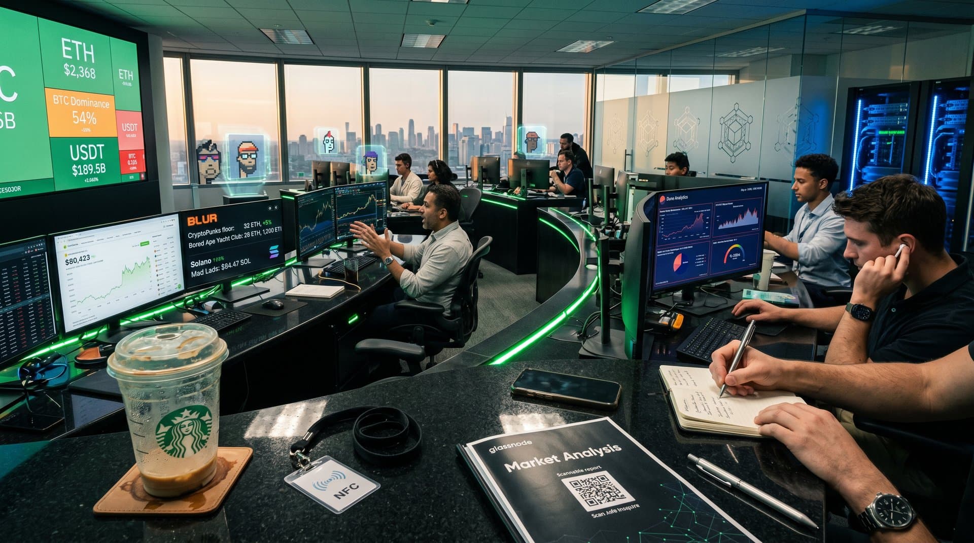 Trading screens show BTC at $80K and rising Ethereum NFT floors amid modern desk setup and city skyline