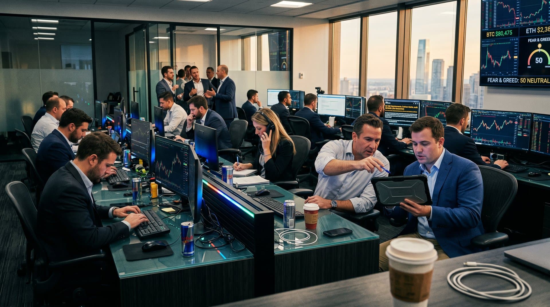 Traders at Bloomberg terminals on crypto trading floor analyze prices, NFT charts, and NY AG settlement news amid city skyline