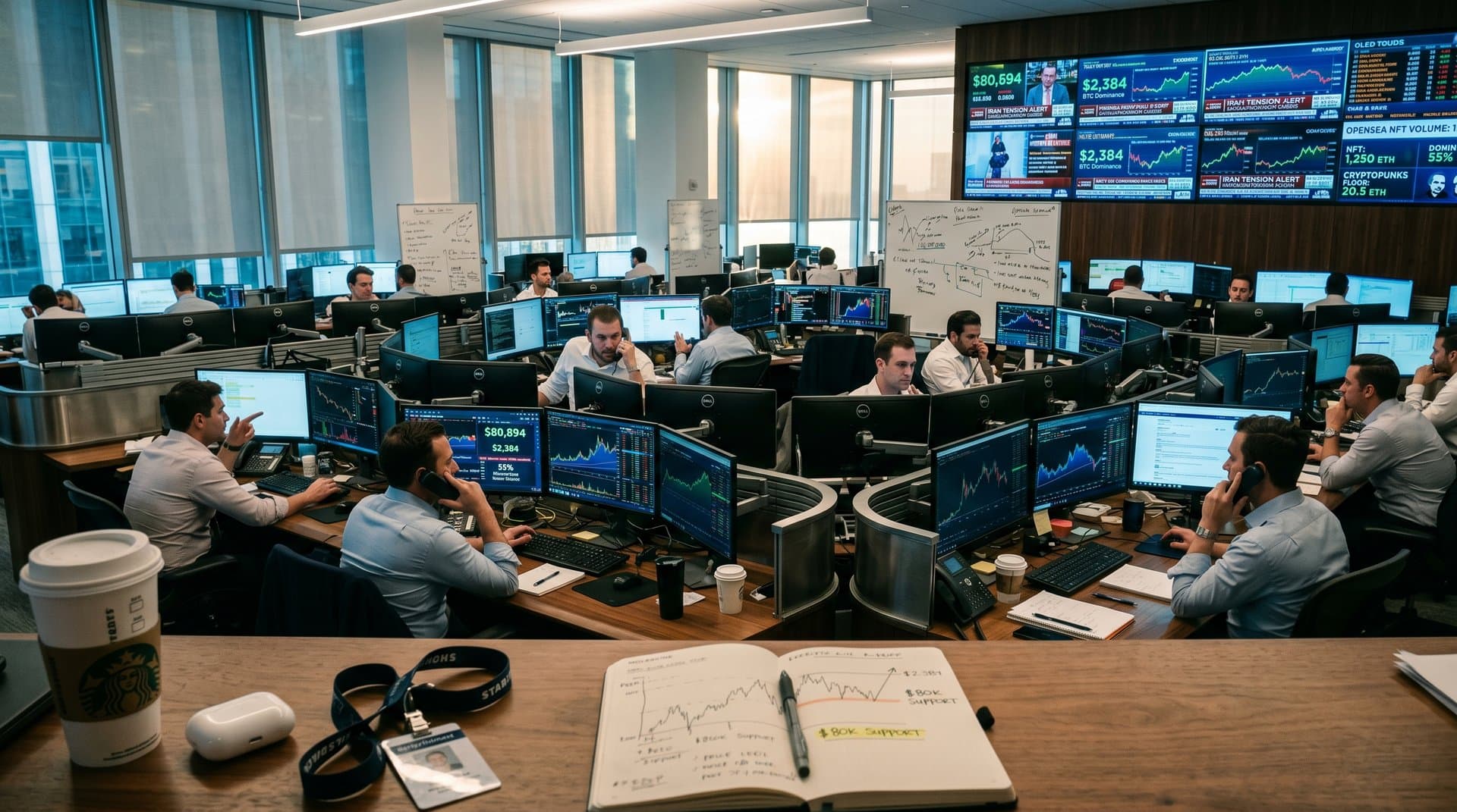 Trading desks with BTC charts at $80K, Iran news, NFT data on screens