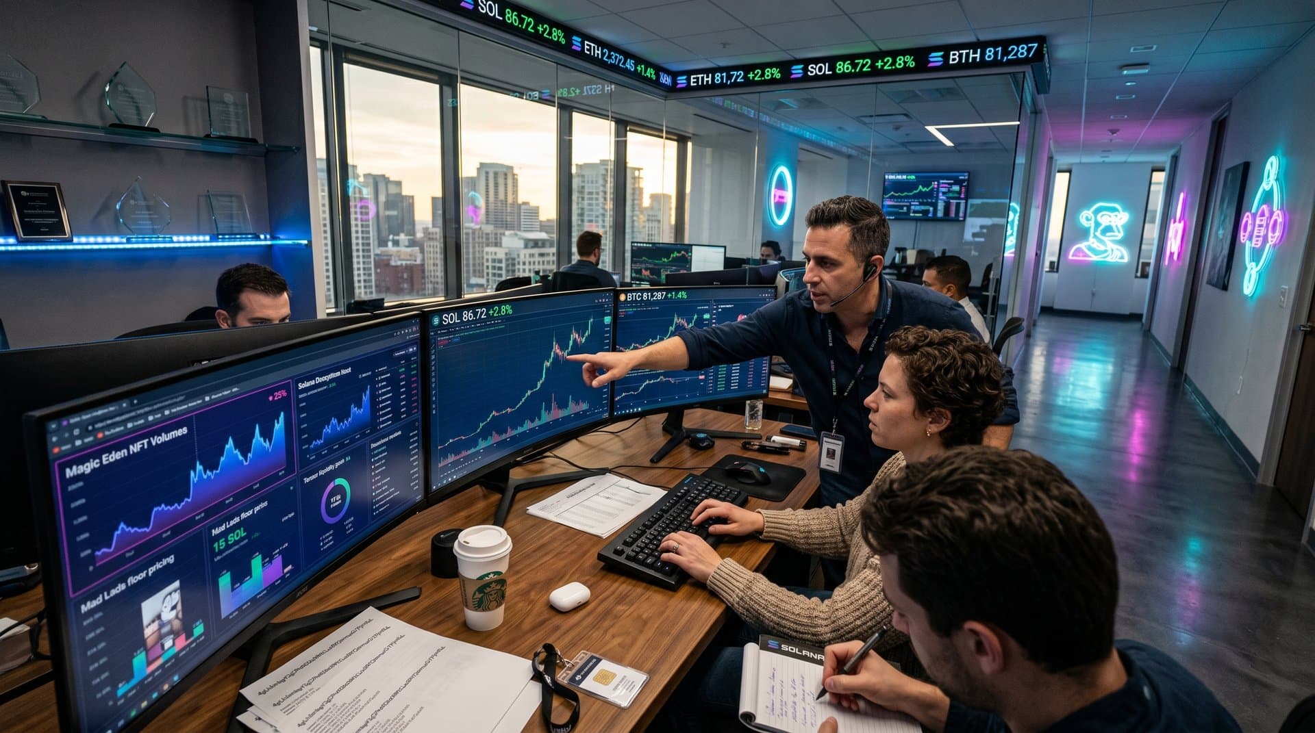 Trading screens display Solana at $86.72, BTC at $81,287, NFT charts on finance desk