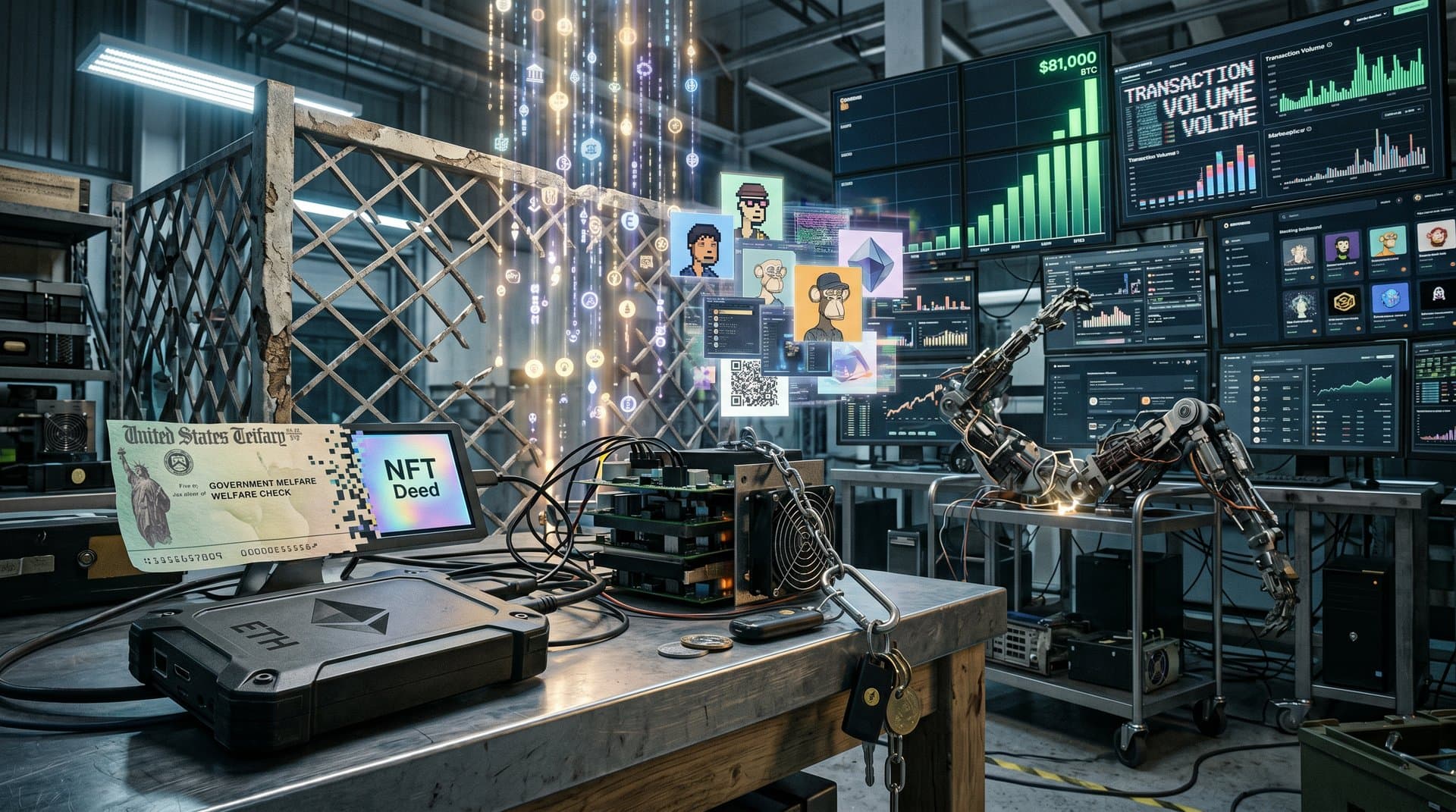 Decentralized Web3 NFT economies and tokenized UBI rising from AI-disrupted safety nets with BTC charts and blockchain visuals